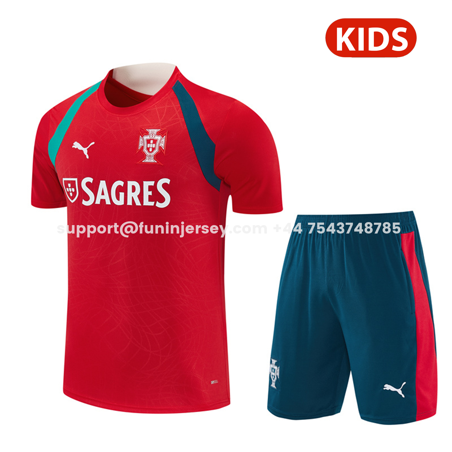 Funinjersey-Portugal 2026 Kids Short-Sleeve Training Set - Colors Top & Dark Blue With Red Stripe Pants
