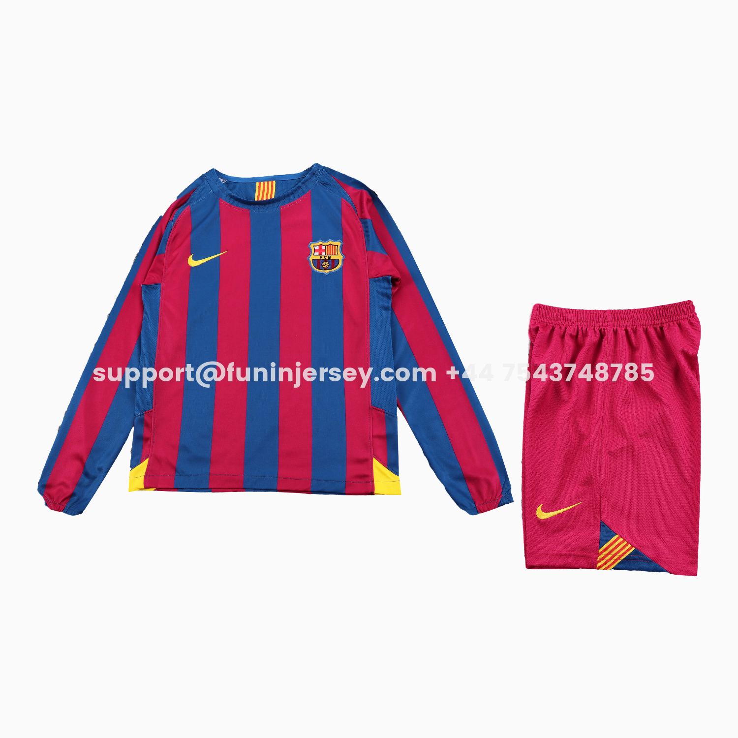 Funinjersey-Retro Barcelona 2005-06 Home Long Sleeve Kids Kit