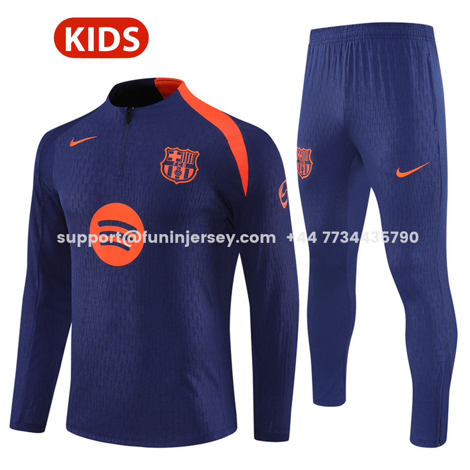 Funinjersey-Barcelona 25-26 Kids Long Sleeve Training Set - Royal Blue Top Orange Sponsor & Royal Blue Pants
