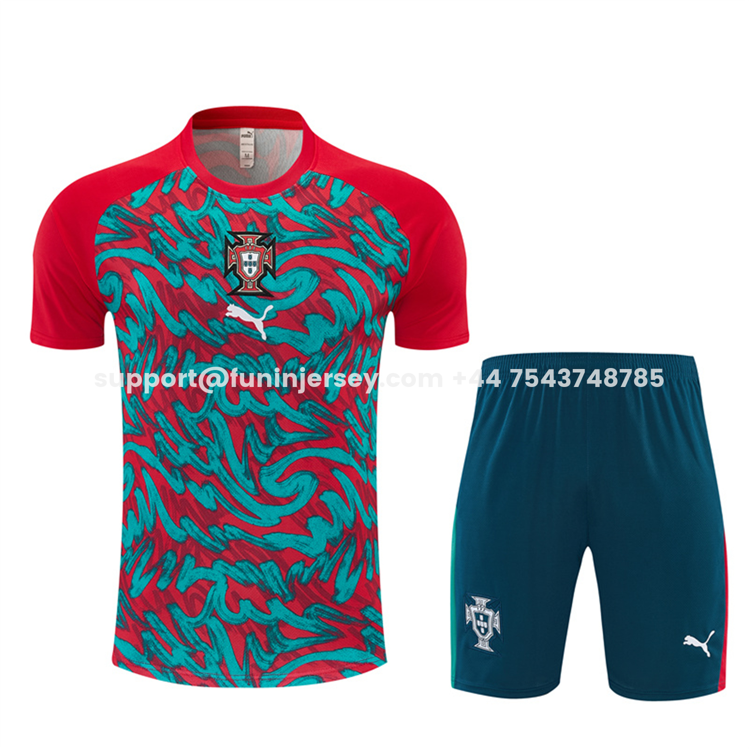 Funinjersey-Portugal 2026 Kids Short-Sleeve Training Set - Red And Turquoise With A Swirling Pattern Top & Pants