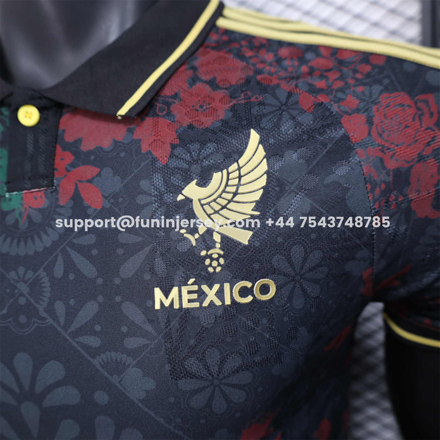 Funinjersey-Mexico 25-26 Black Polo Jersey with Red and Green Floral Pattern - Player Version