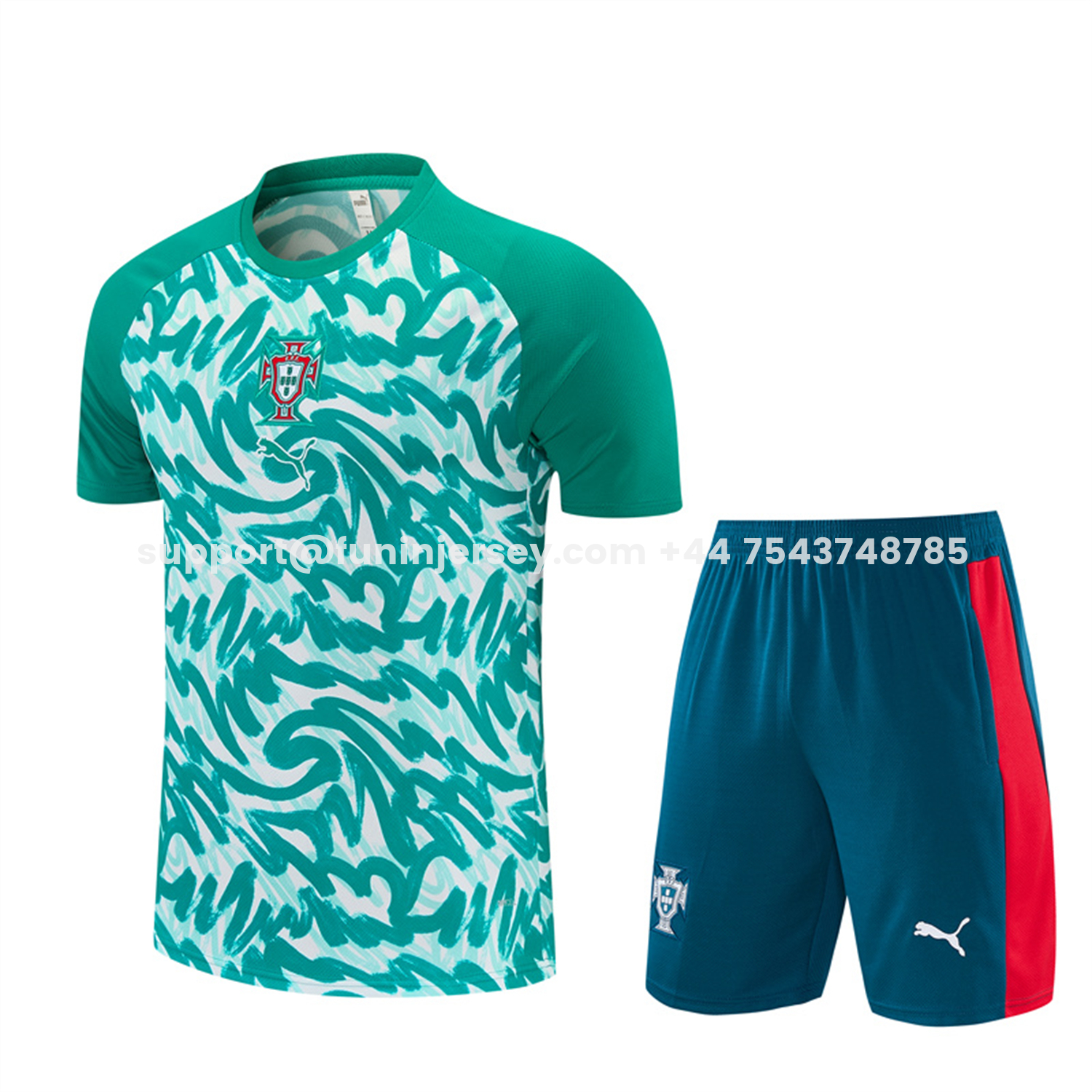 Funinjersey-Portugal 2026 Short-Sleeve Training Set - Colors Top & Dark Teal Blue With A Red Stripe On The Side Pants
