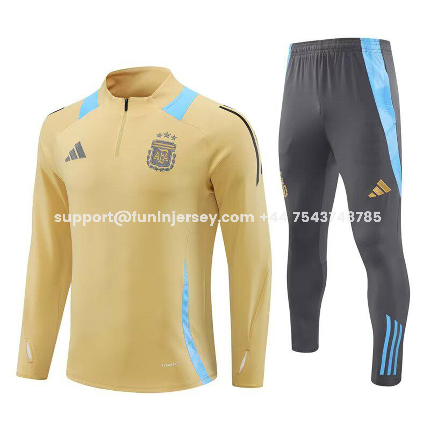 Funinjersey-Argentina 25-26 Long Sleeve Training Set - Gold Top and Grey Pants