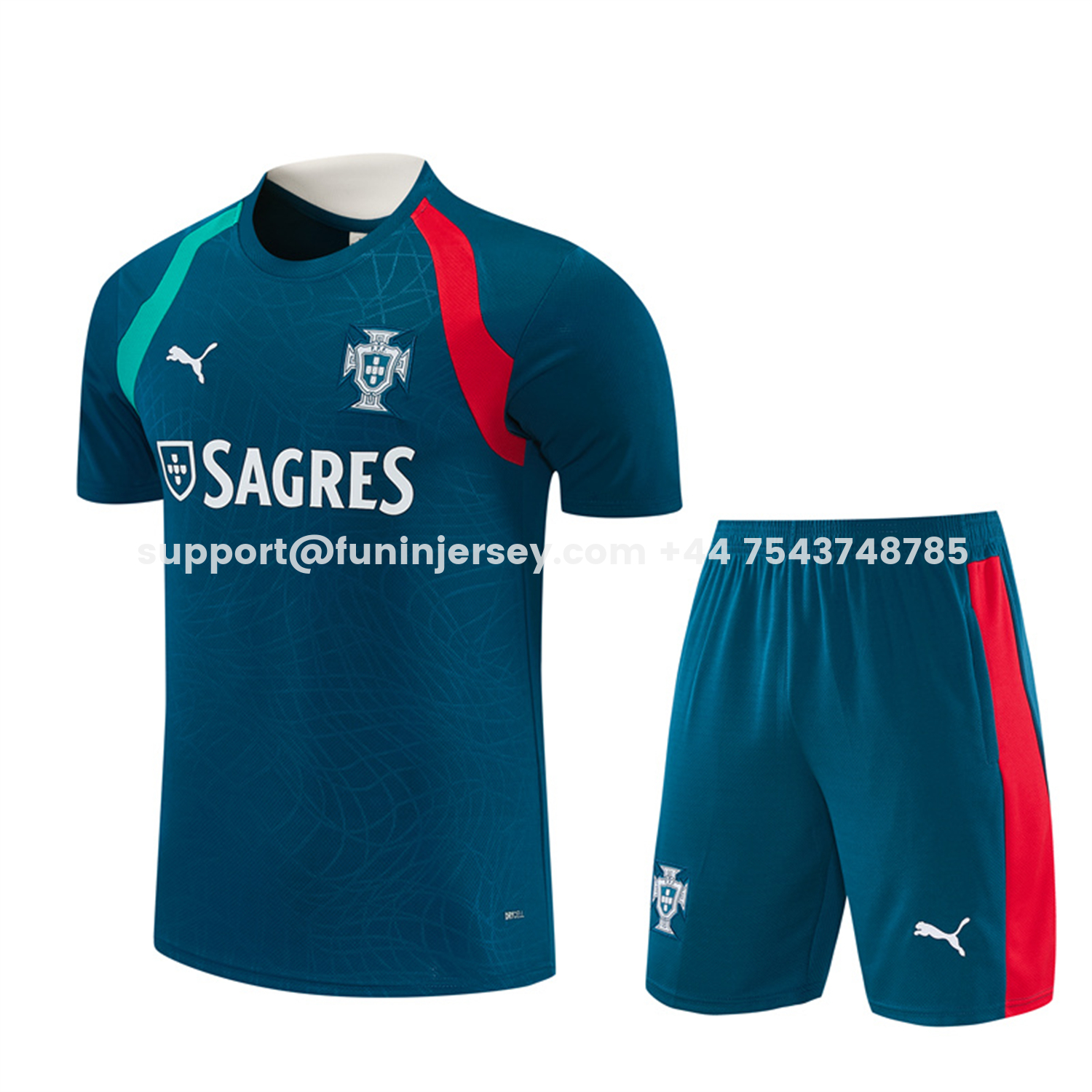 Funinjersey-Portugal 2026 Short-Sleeve Training Set - Dark Teal With Red And Light Teal Accents Top & Colors Pants