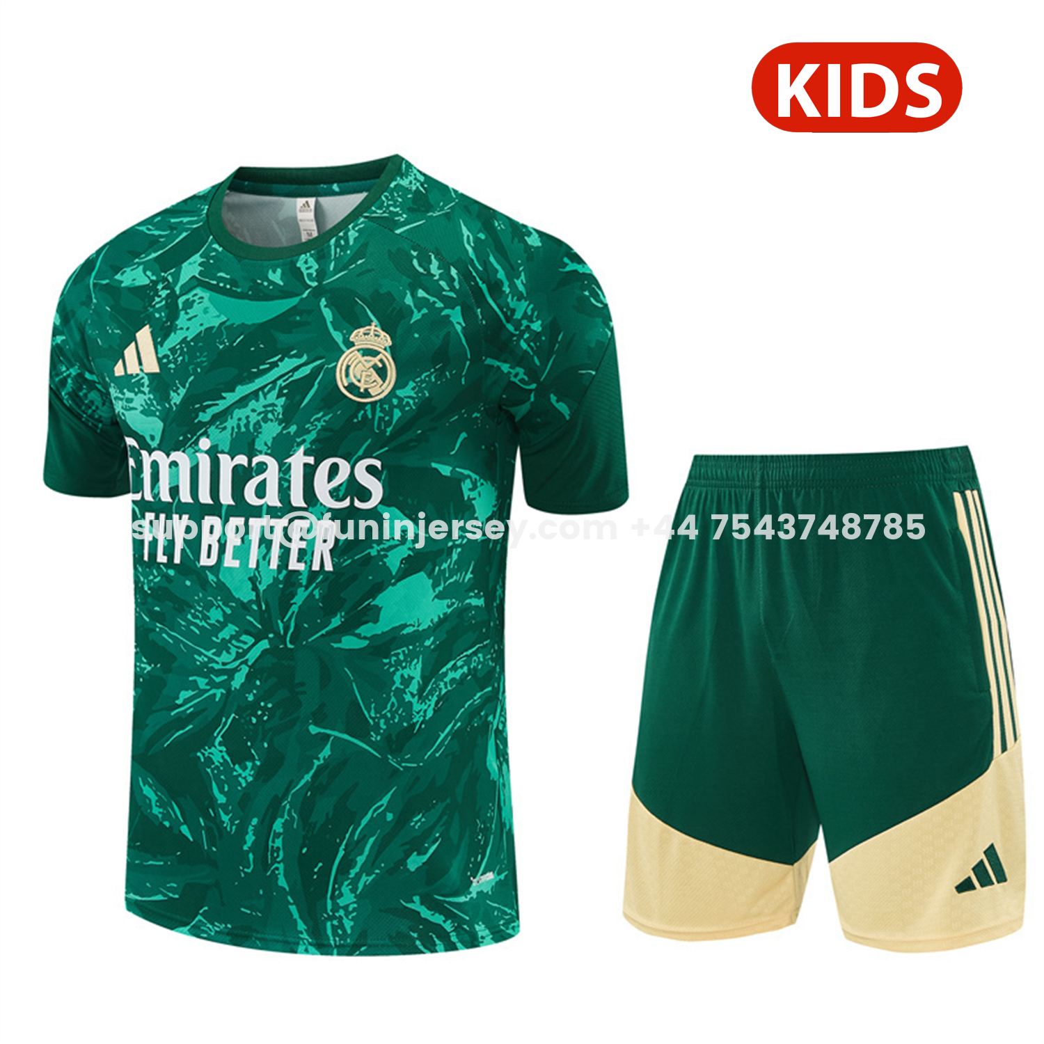Funinjersey-Real Madrid 26-27 Kids Short-Sleeve Training Set - Green Camouflage Top & Green Shorts