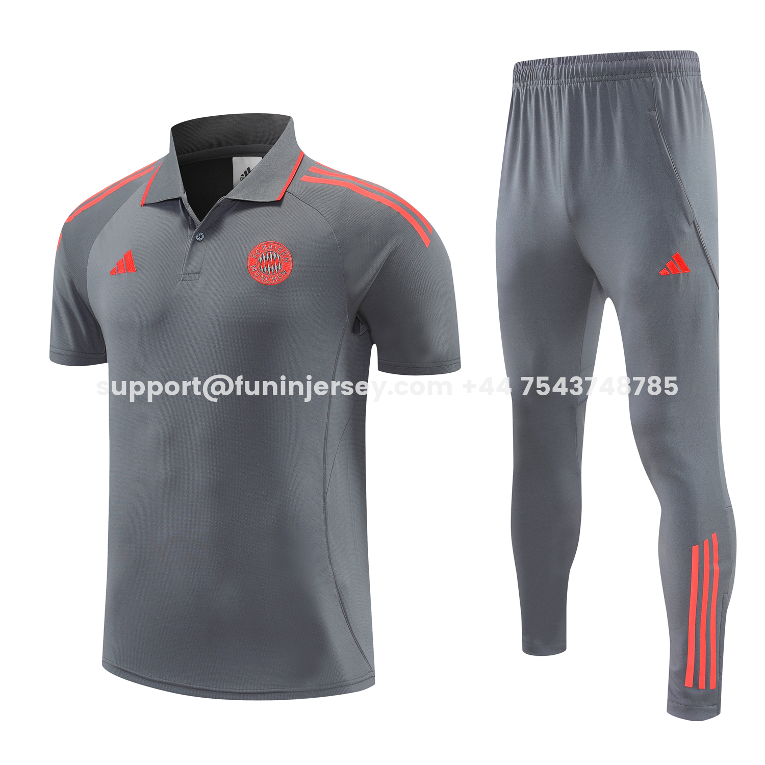 Funinjersey-Bayern Munich 25-26 POLO Short-Sleeve Training Set - Deep Grey With Red Top and Pants