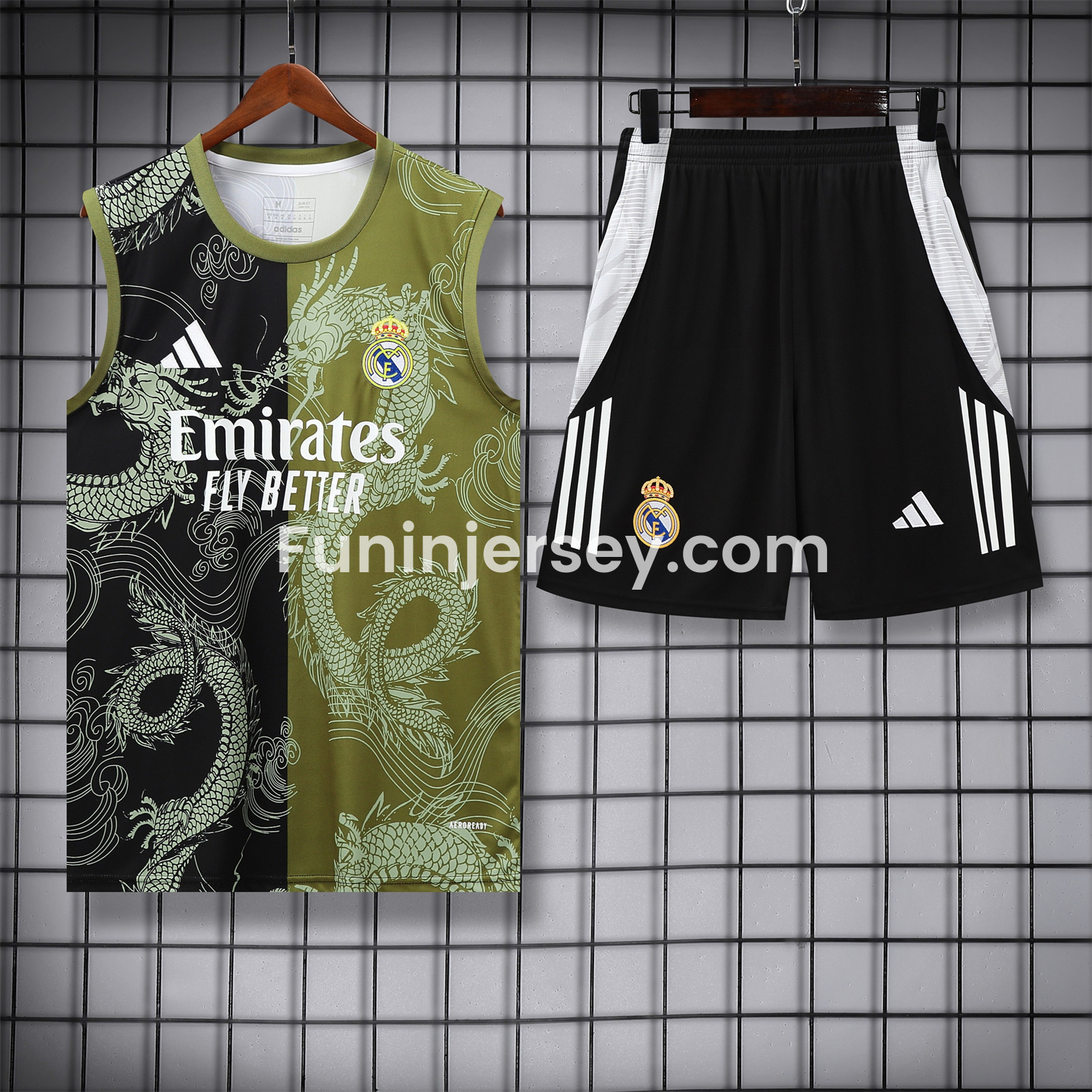 Funinjersey-Real Madrid 25-26 Vest Training Set - Green-Black Dragon Vest & Black-White Shorts