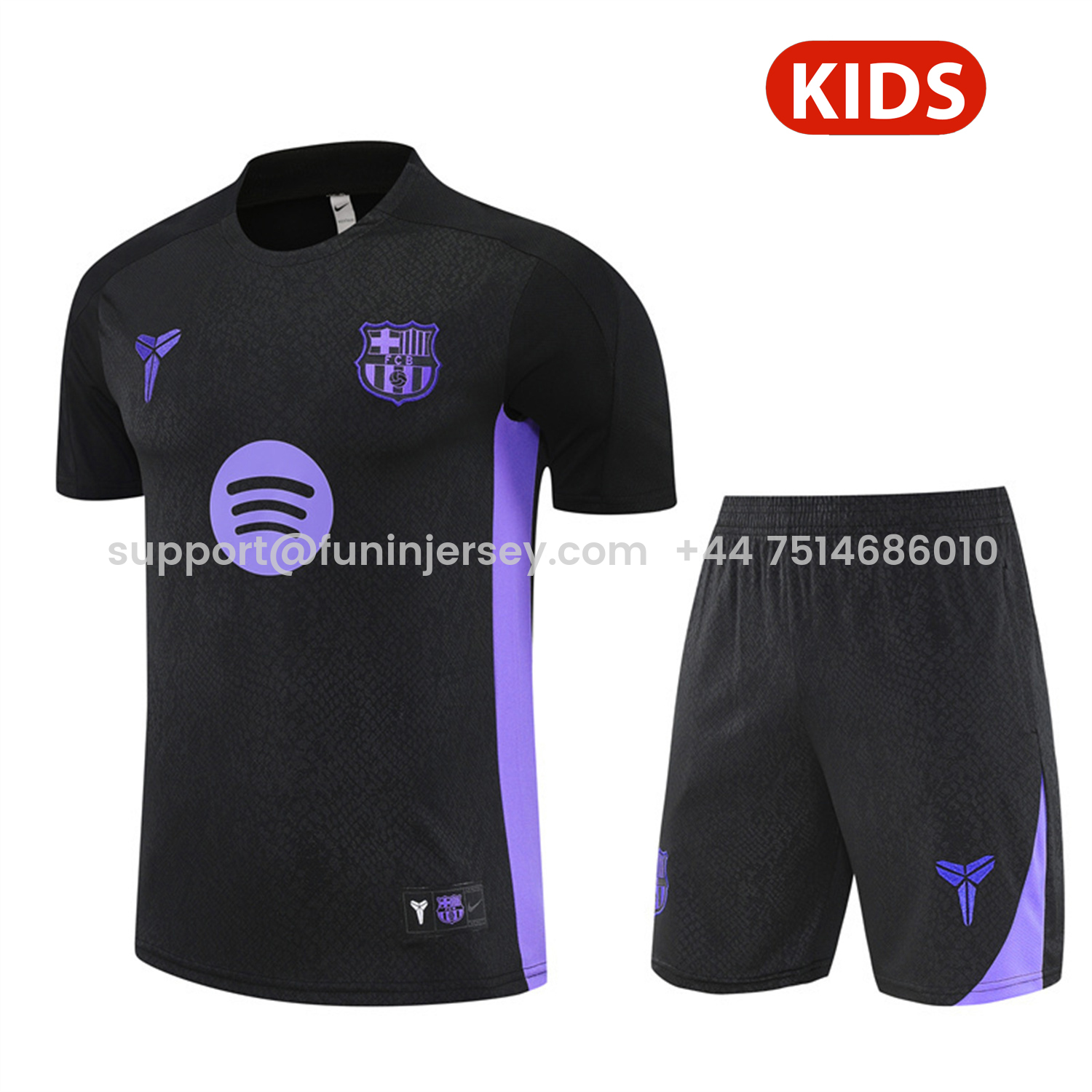 Funinjersey-Barcelona 25-26 X KB Kids Short-Sleeve Training Set - Black Blue Top & Black Shorts