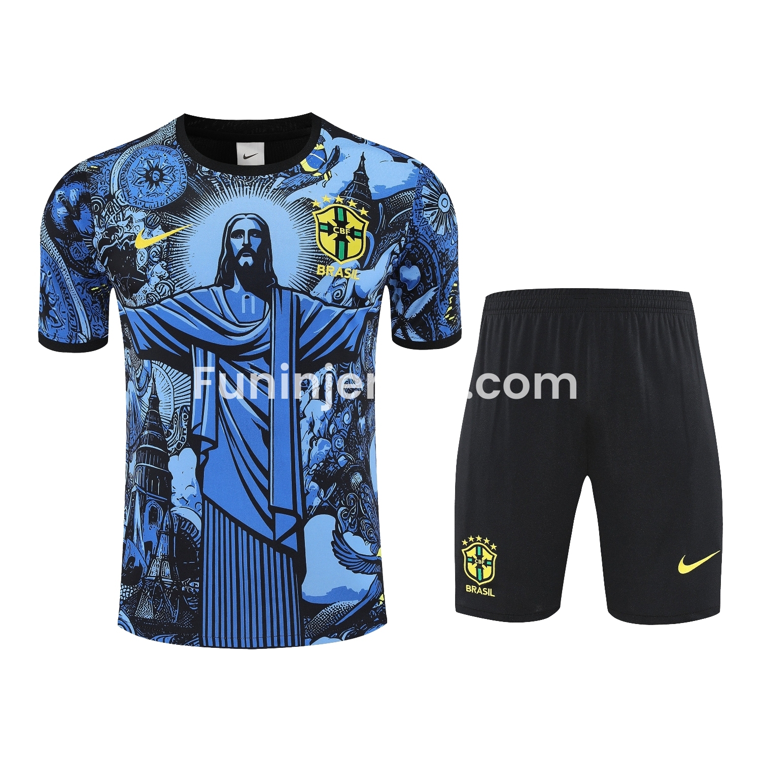 Funinjersey-Brazil 25-26 Blue Jesus Statue Short-Sleeve Training Set - Blue Top & Black Shorts
