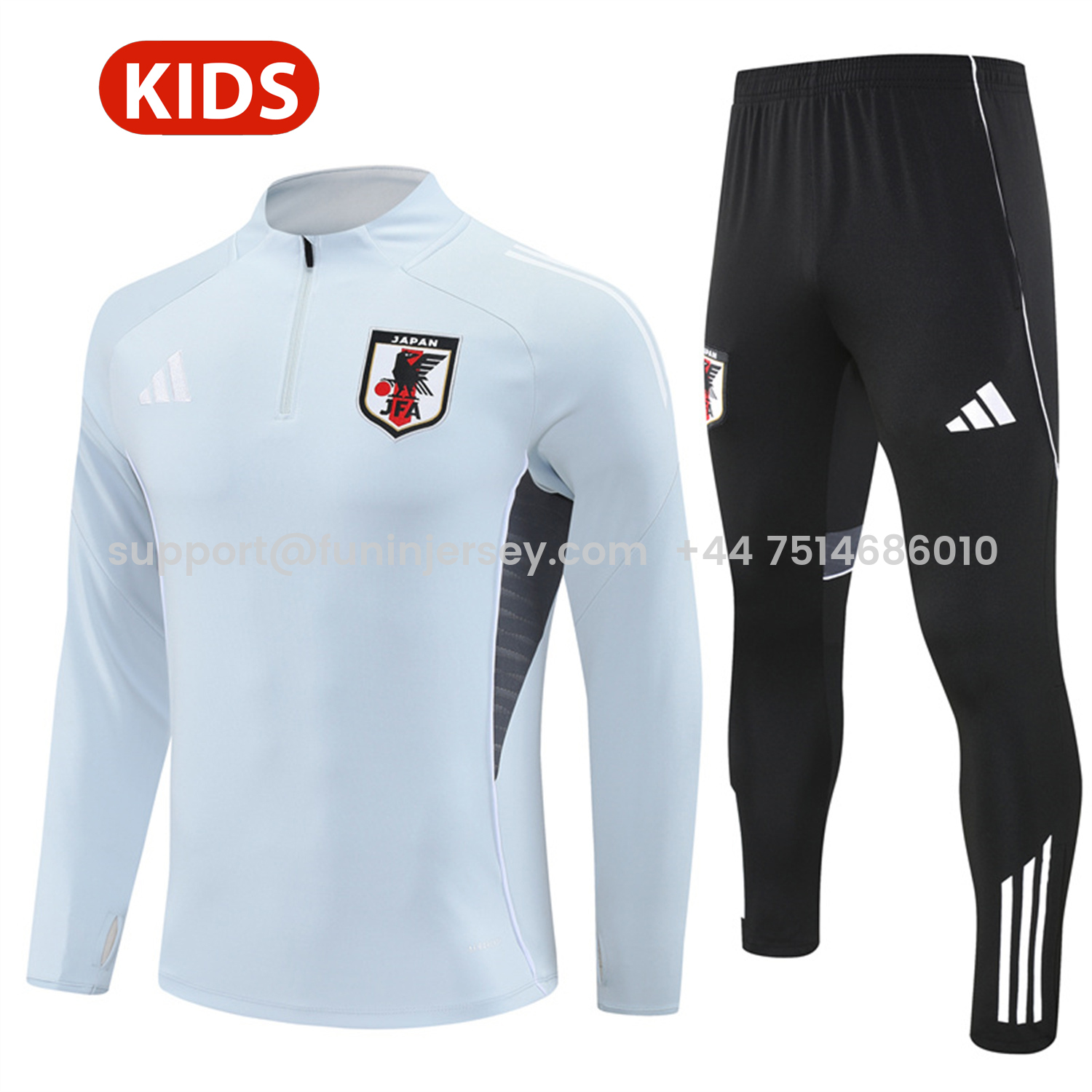 Funinjersey-Japan 25-26 Kids Long Sleeve Training Set - Light Grey Top and Black Pants