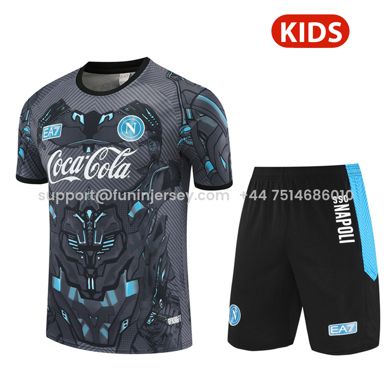 Funinjersey-Napoli 25-26 Kids Short-Sleeve Training Set - Gray Mecha Top & Black Shorts