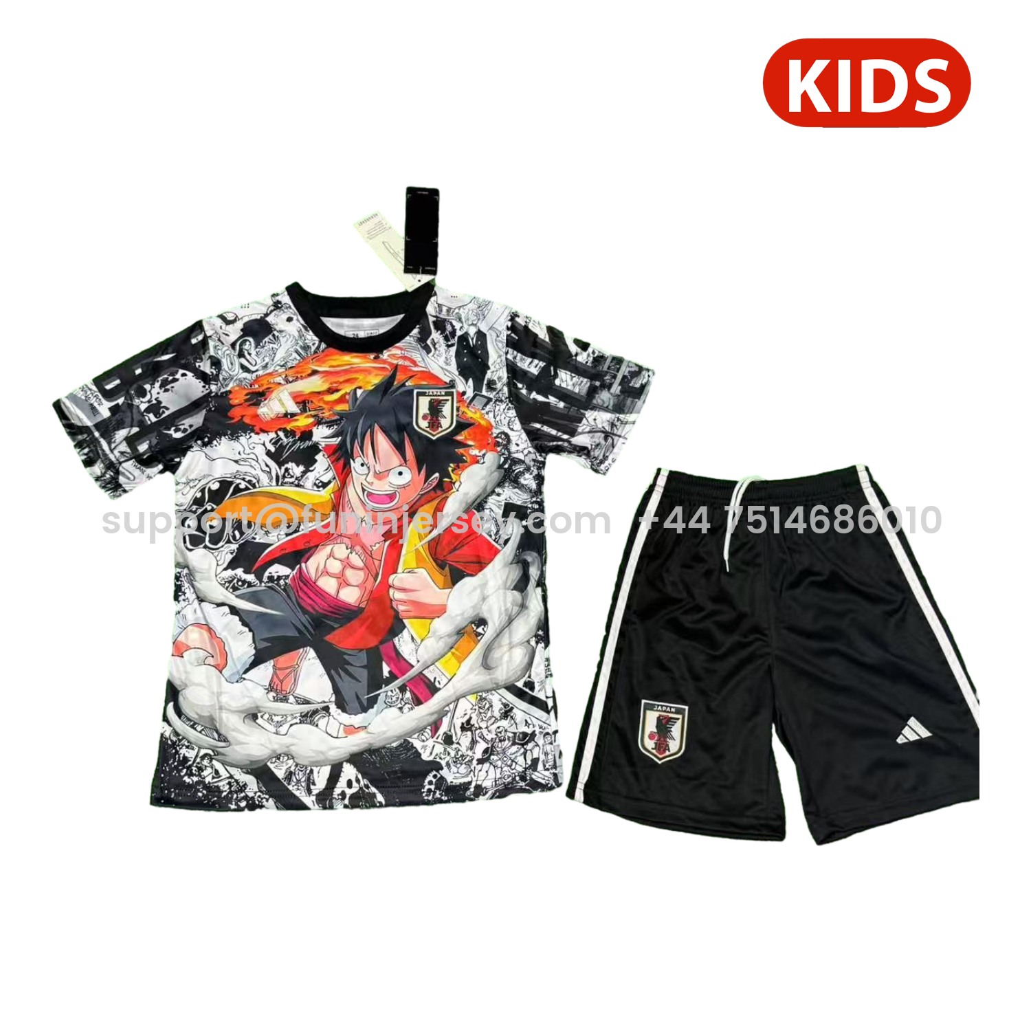 Funinjersey-Japan 25-26 Luffy Flame Fist White And Black Special Kids Kit