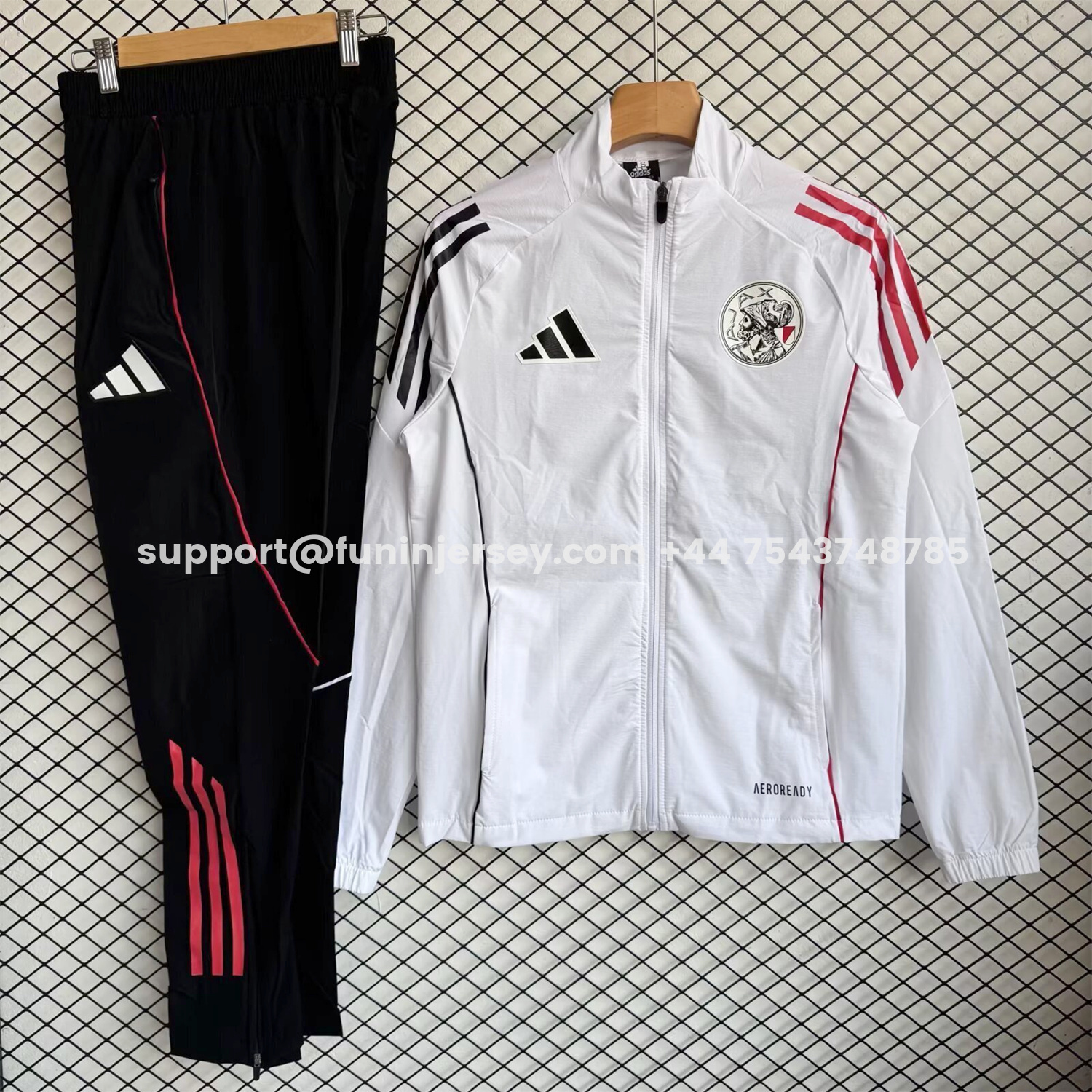 Funinjersey-Ajax 25-26 Windbreaker Training Set - White Top and Black Pants