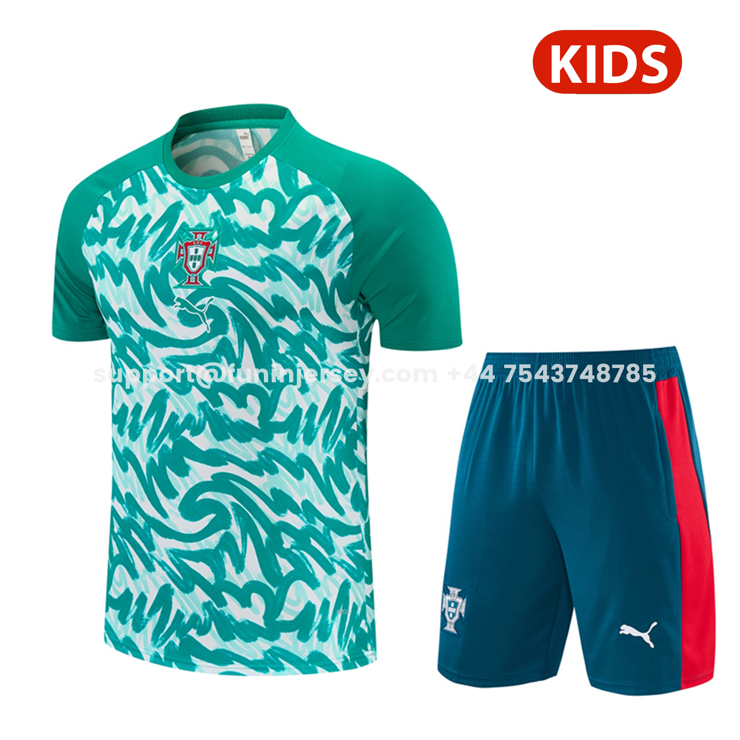 Funinjersey-Portugal 2026 Kids Short-Sleeve Training Set - Colors Top & Dark Teal Blue With A Red Stripe On The Side Pants