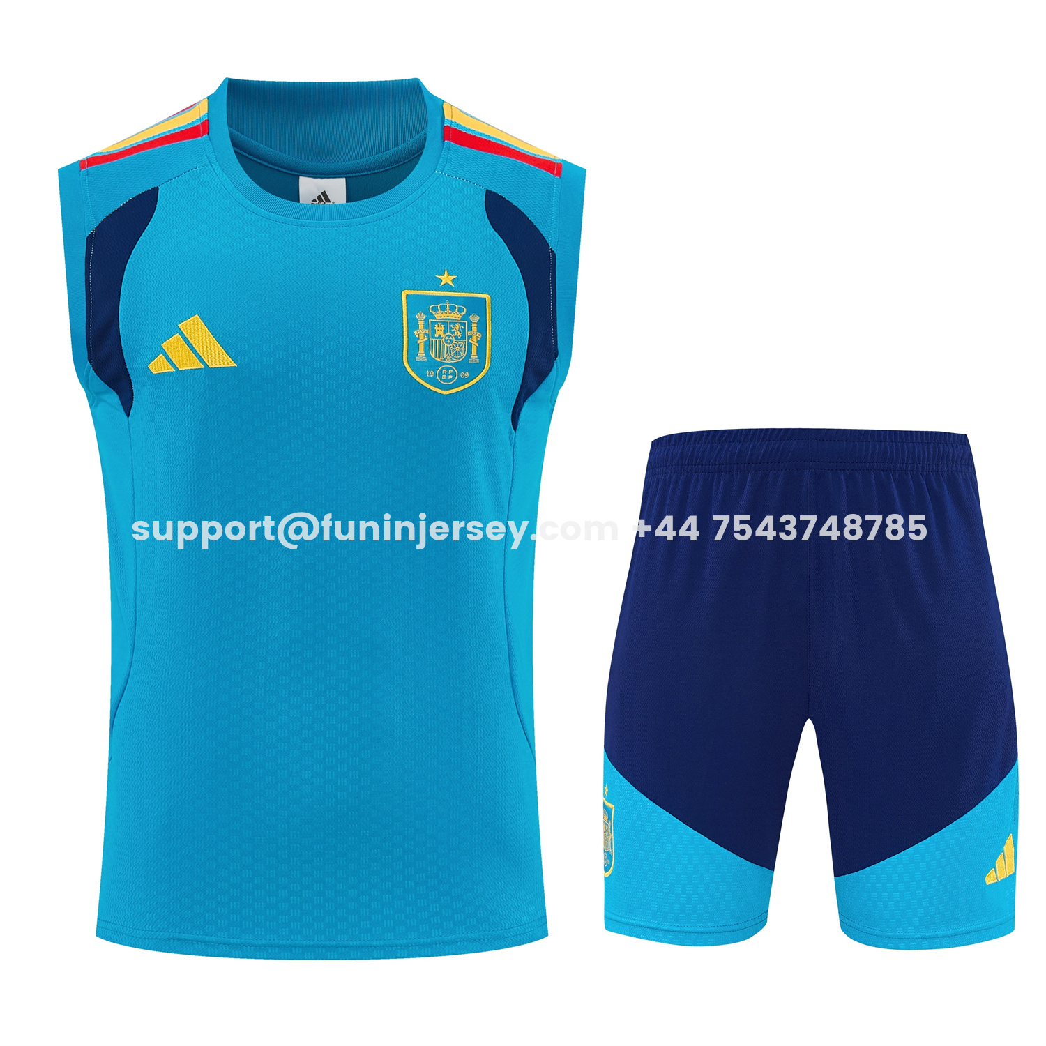 Funinjersey-Spain 2026 Vest Training Set - Lake Blue Vest and Dark Blue Shorts