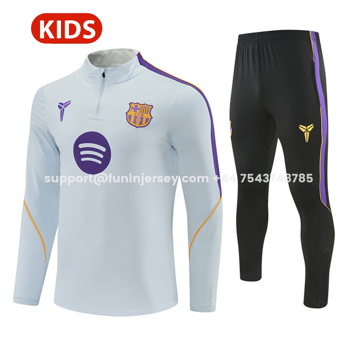 Funinjersey-Barcelona 26-27 Kids Long Sleeves Training Set - Light Grey Top & Black Pants