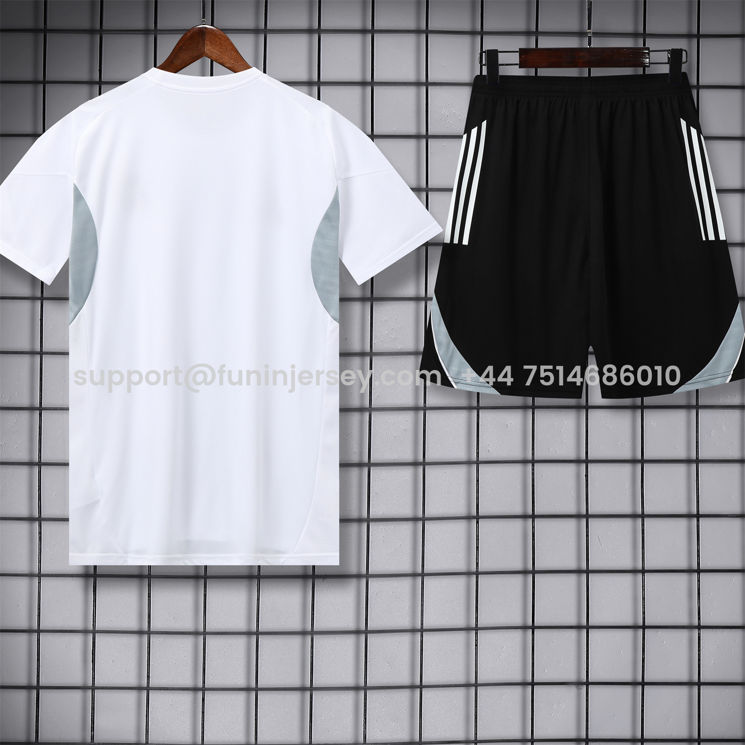 Funinjersey-Real Madrid 25-26 Short-Sleeve Training Set - Grey And White Top & Black Shorts