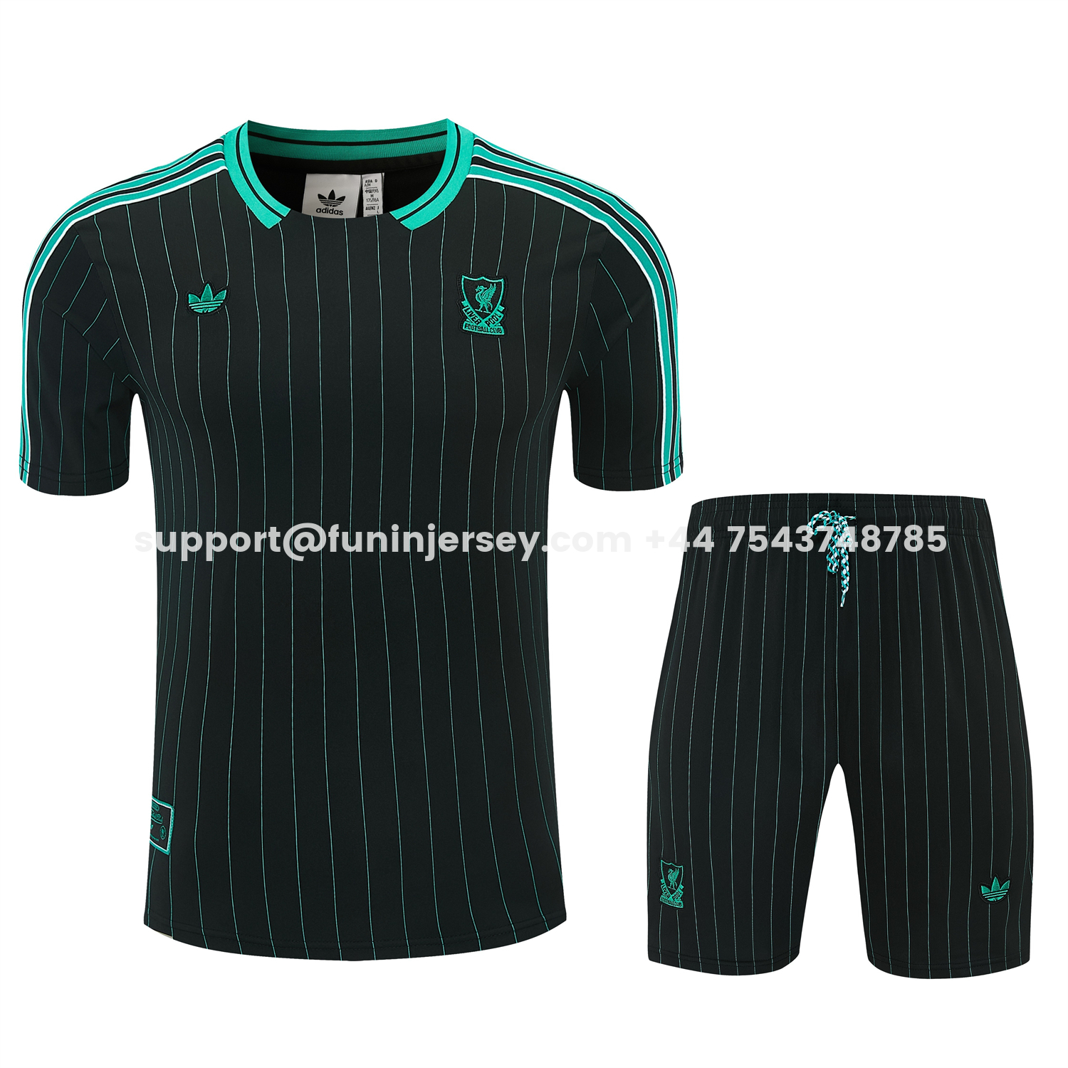 Funinjersey-Liver.pool 25-26 Retro Style Short-Sleeve Training Set - Black With Teal Stripes And Accents Top & Pants
