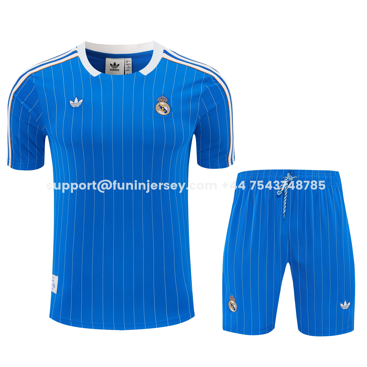 Funinjersey-Real Madrid 25-26 Retro Style Short-Sleeve Training Set - Blue With White Stripes Top & Pants