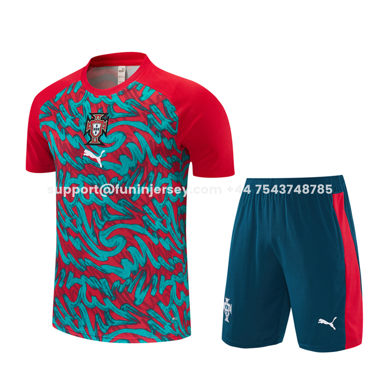 Funinjersey-Portugal 2026 Short-Sleeve Training Set - Red And Turquoise With A Swirling Pattern Top & Pants