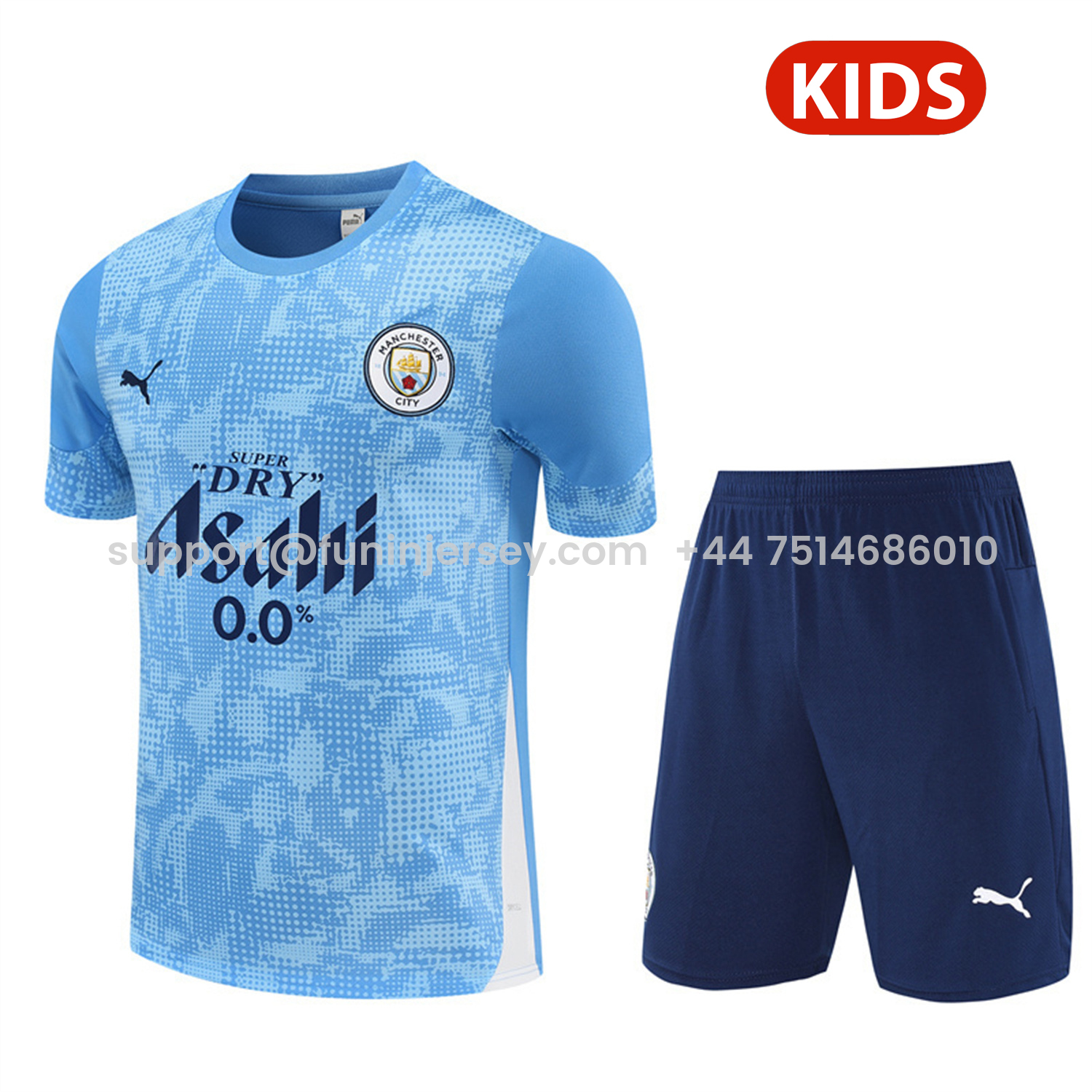 Funinjersey-Manchester City 25-26 Kids Short-Sleeve Training Set - Light Blue Camouflage Top & Deep Blue Shorts