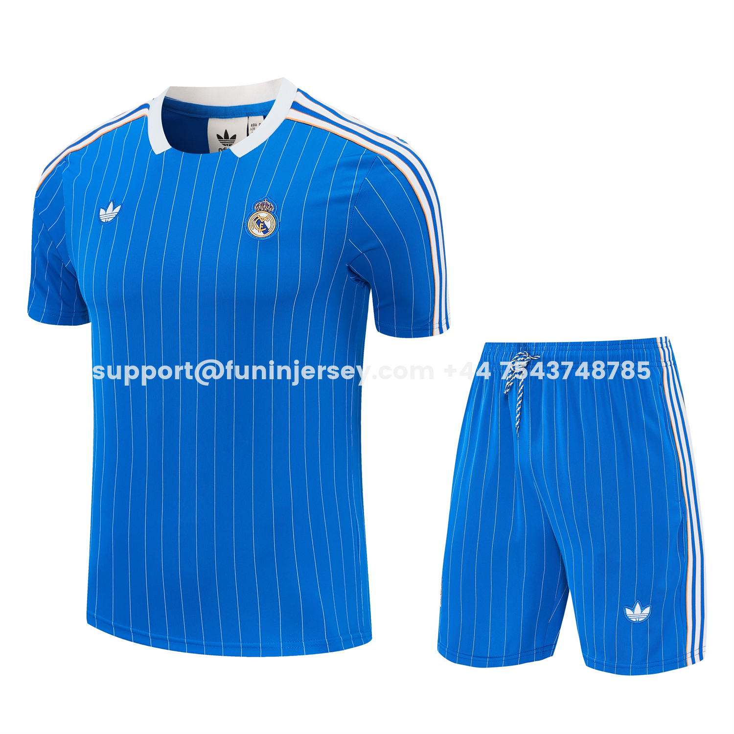 Funinjersey-Real Madrid 25-26 Retro Style Short-Sleeve Training Set - Blue With White Stripes Top & Pants