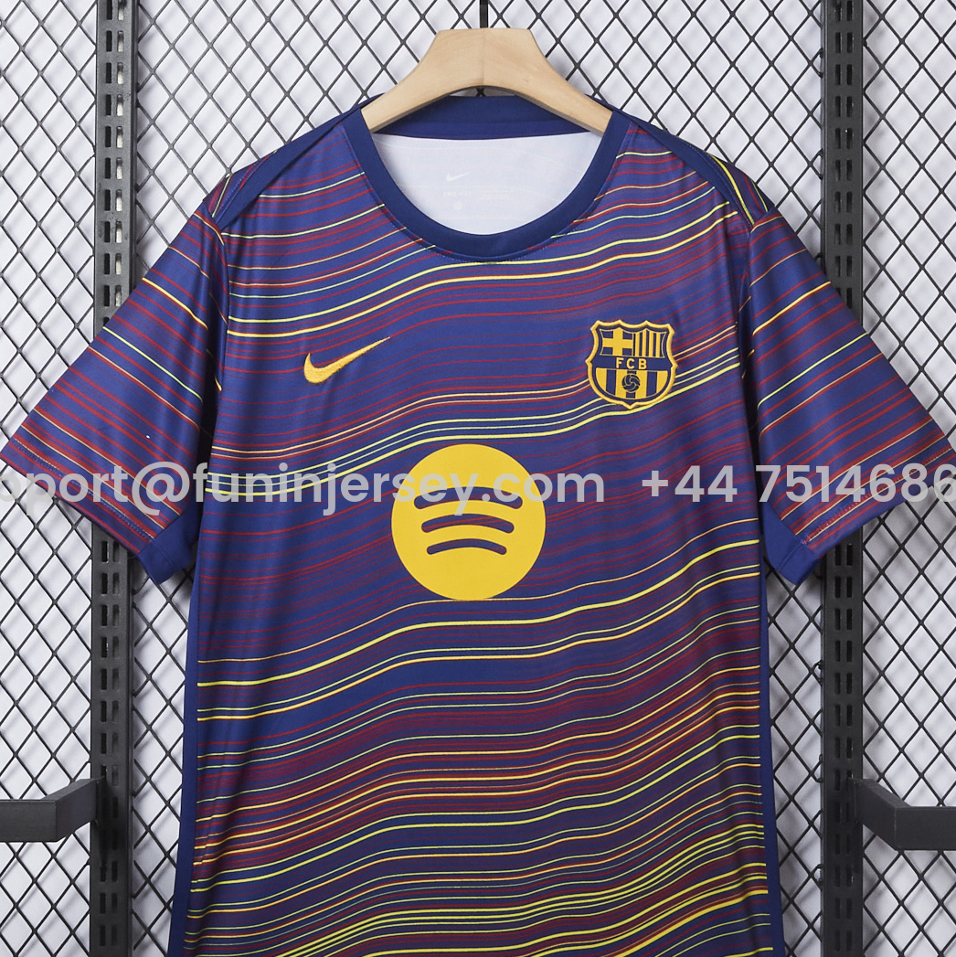 Funinjersey-Barcelona 25-26 Deep Blue Pre-Match Training Jersey with Colorful Lines - Fans Version