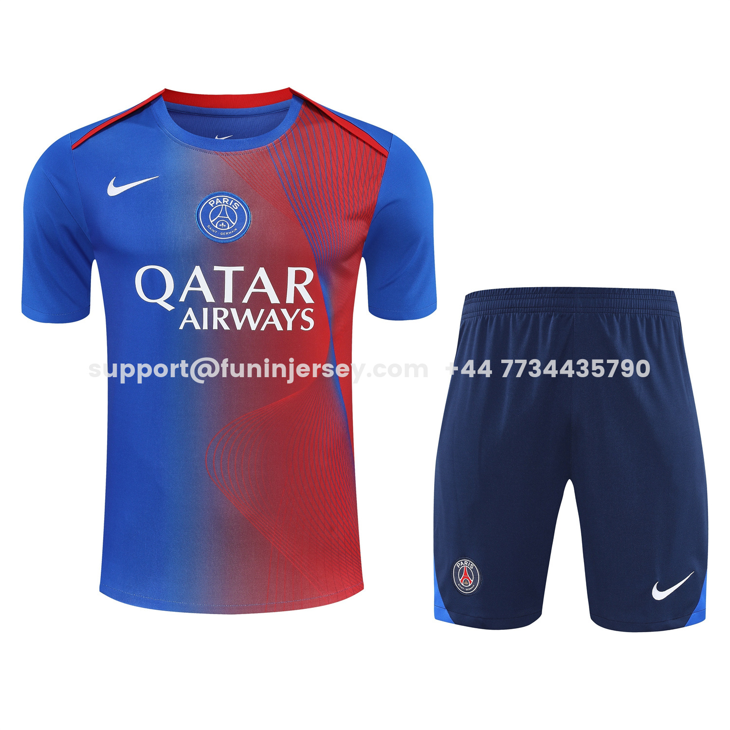 Funinjersey-Paris Saint-Germain PSG 25-26 Short-Sleeve Training Set - Red And Blue Lines Top & Blue Shorts