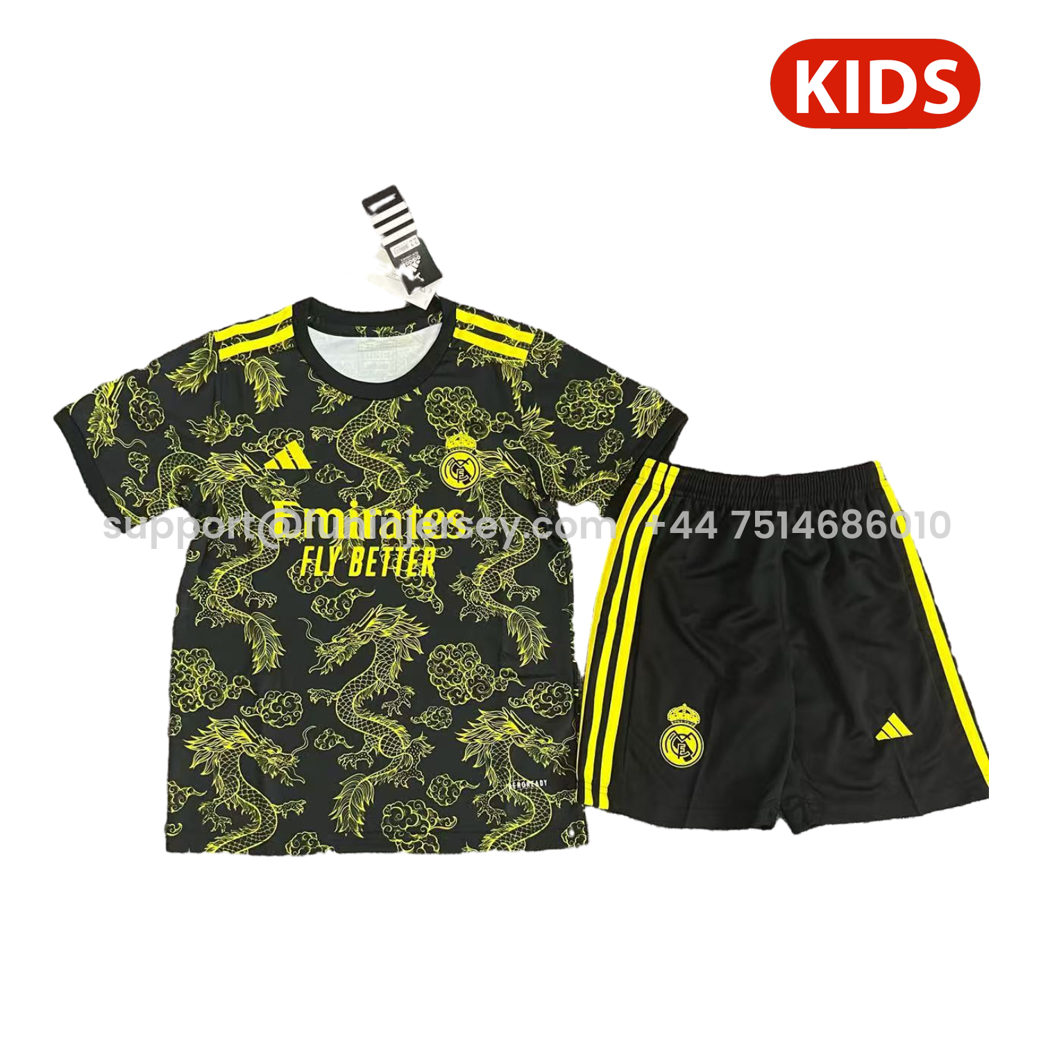 Funinjersey-Real Madrid 25-26 Yellow Dragon Yellow Logo Black Special Kids Kit