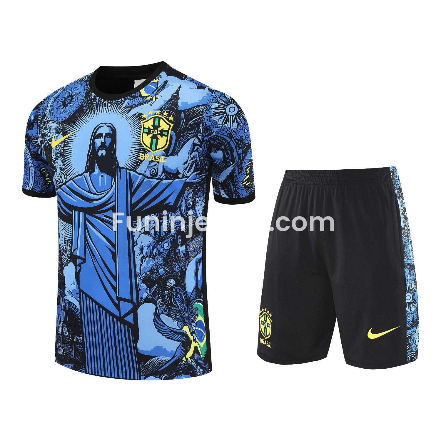 Funinjersey-Brazil 25-26 Blue Jesus Statue Short-Sleeve Training Set - Blue Top & Black Shorts