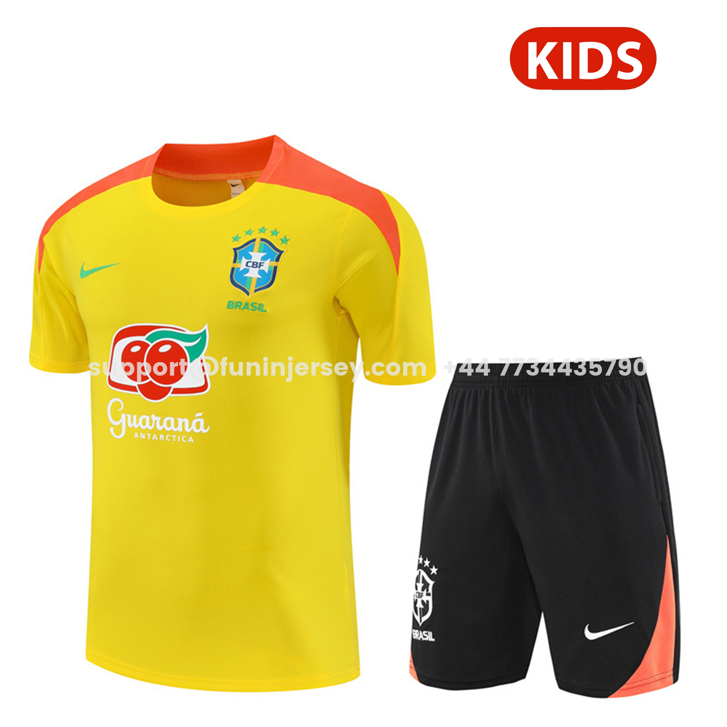 Funinjersey-Brazil 25-26 Kids Short-Sleeve Training Set - Yellow Top & Black Shorts