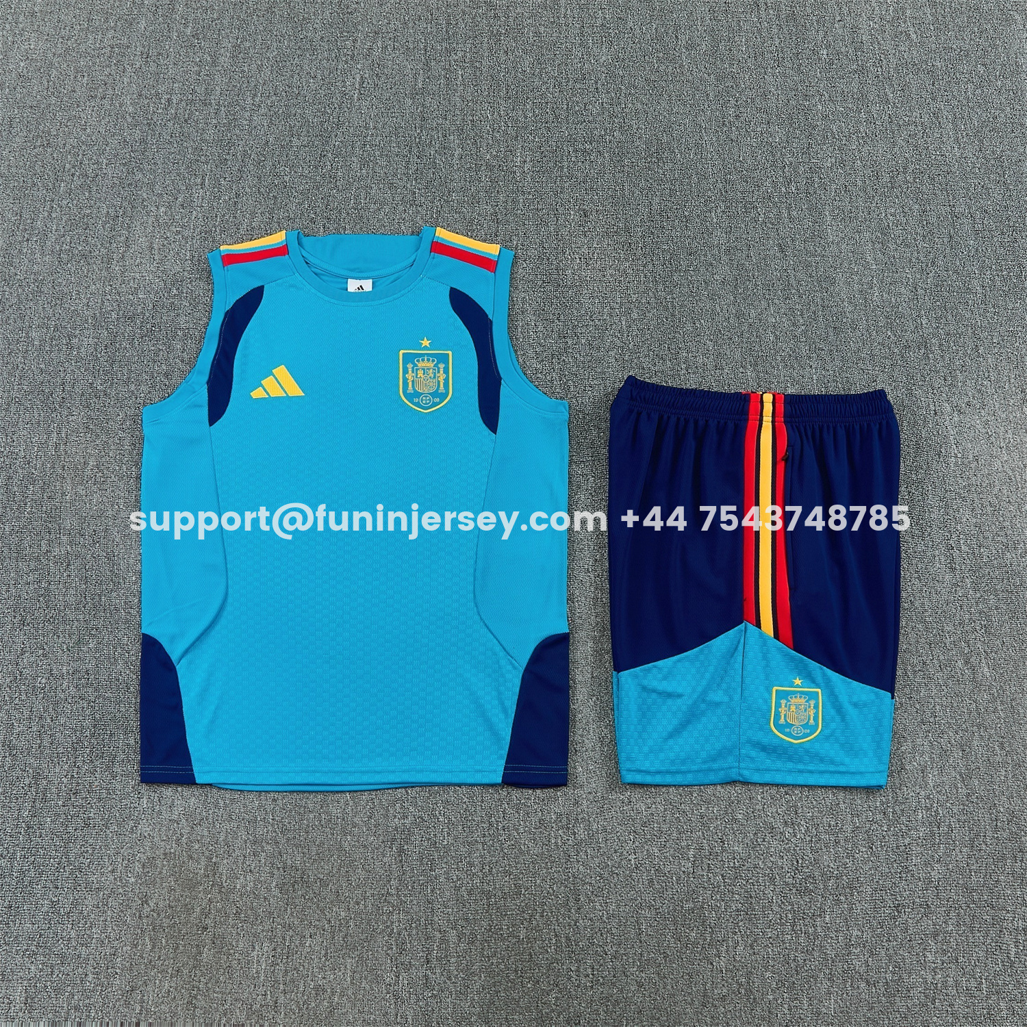 Funinjersey-Spain 2026 Vest Training Set - Lake Blue Vest and Dark Blue Shorts