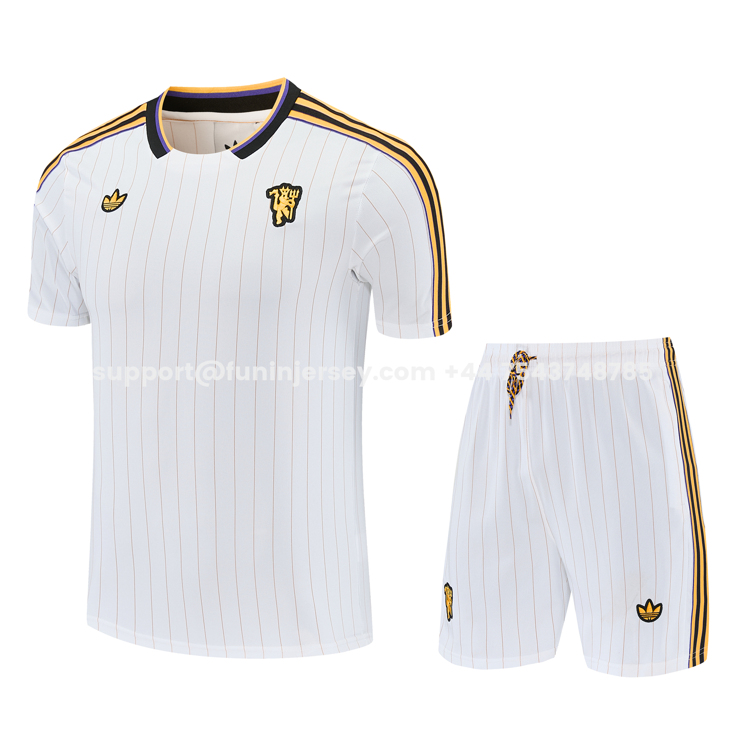 Funinjersey-Manchester United 25-26 Retro Style Short-Sleeve Training Set - White With Thin Black Stripes Top & Pants
