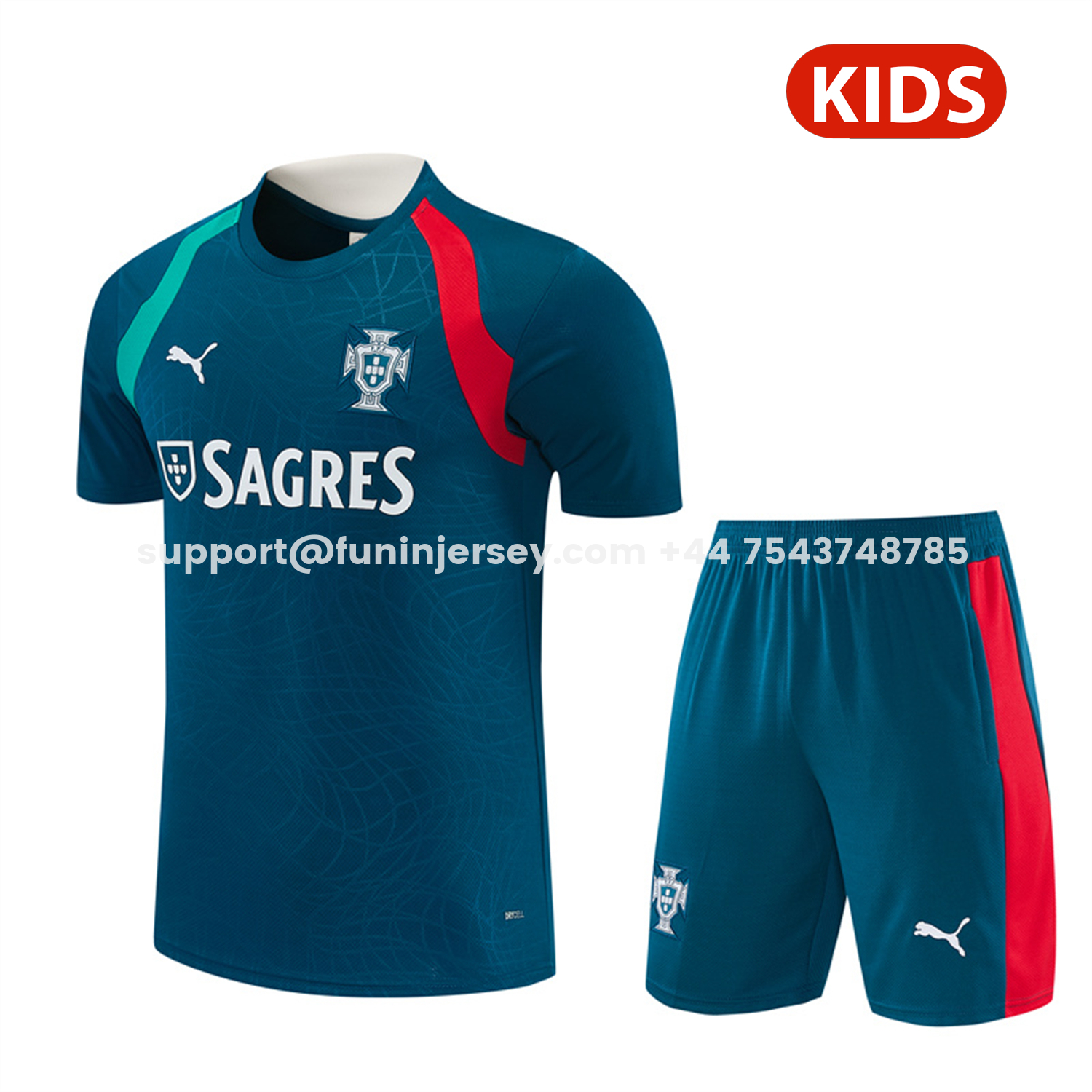 Funinjersey-Portugal 2026 Kids Short-Sleeve Training Set - Dark Teal With Red And Light Teal Accents Top & Colors Pants