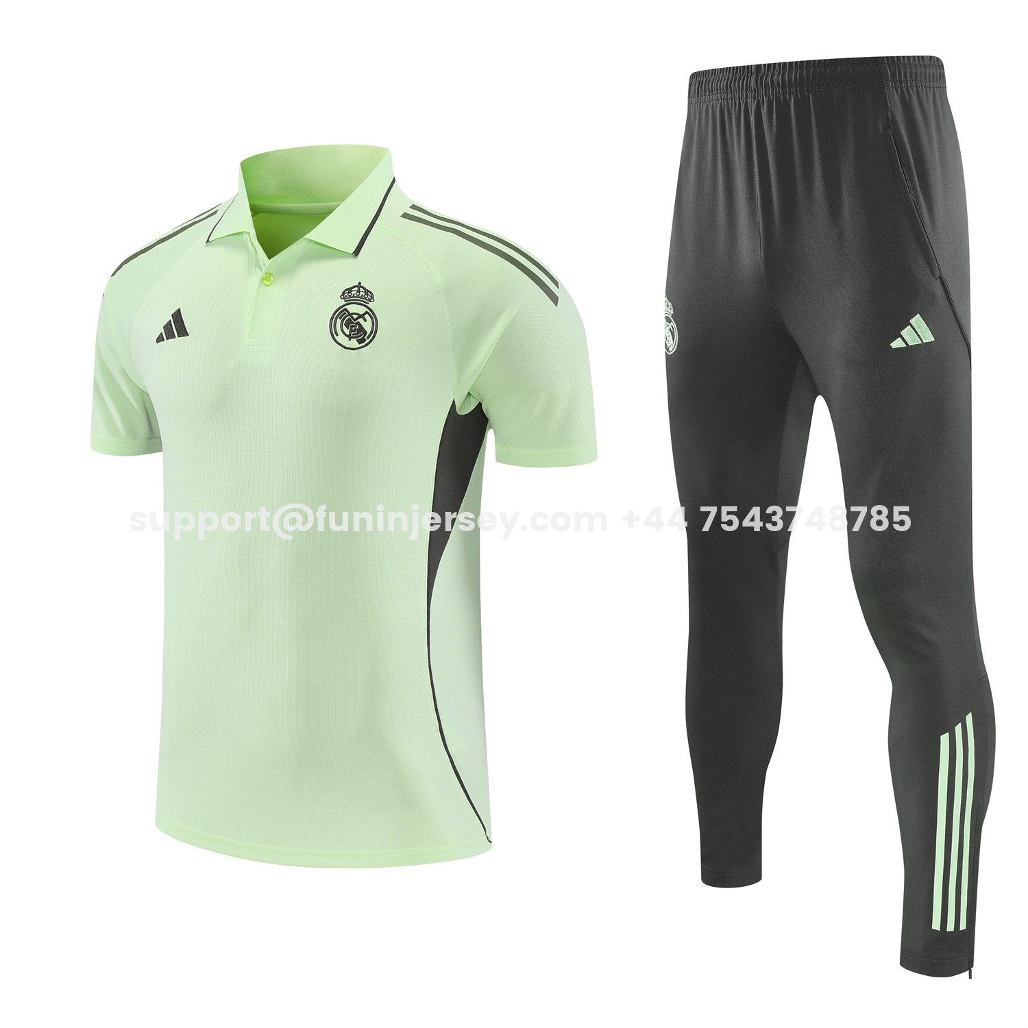 Funinjersey-Real Madrid 25-26 POLO Short-Sleeve Training Set - Light Green Top and Dark Grey Pants