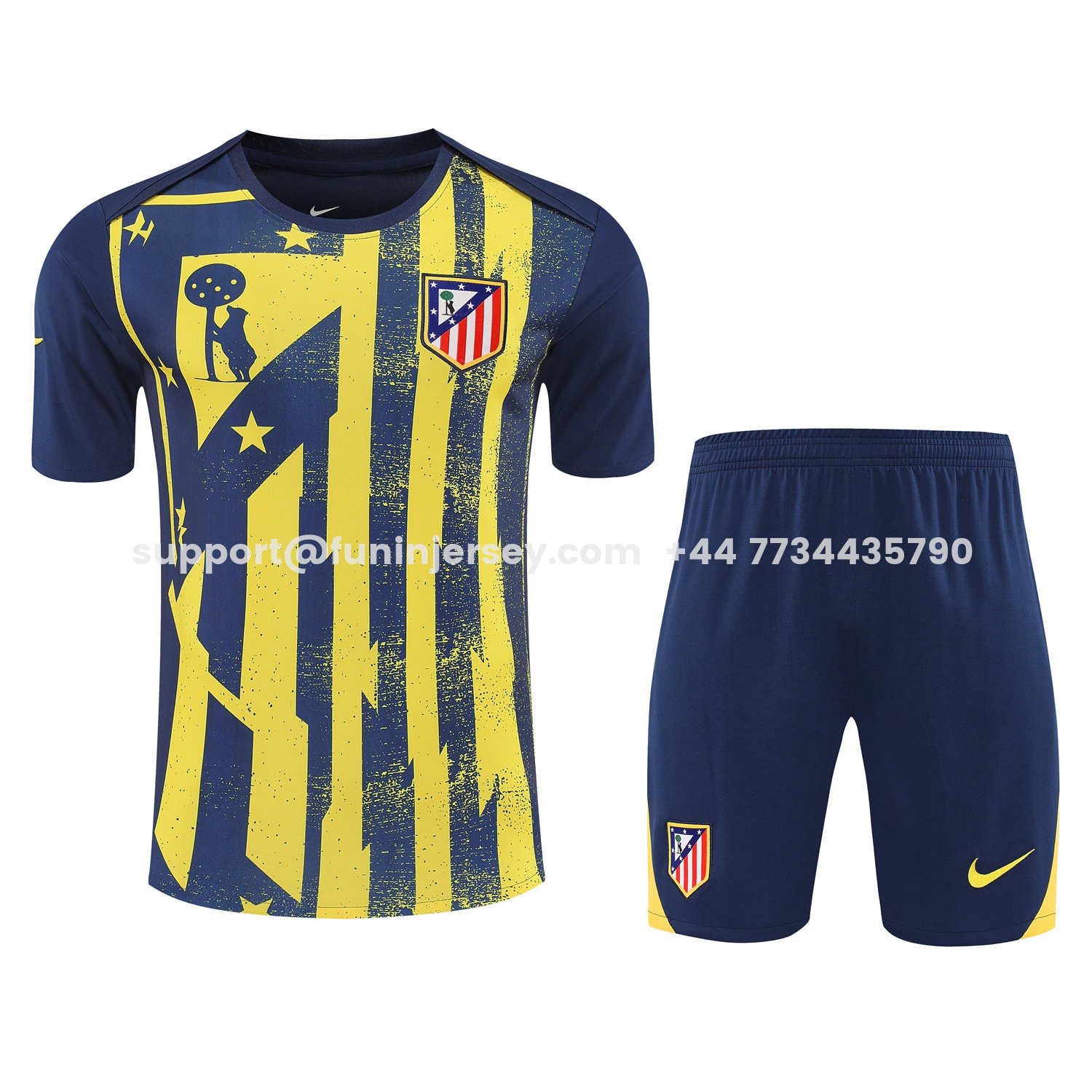 Funinjersey-Atletico Madrid Short-Sleeve Training Set - Blue Yellow Top & Blue Shorts