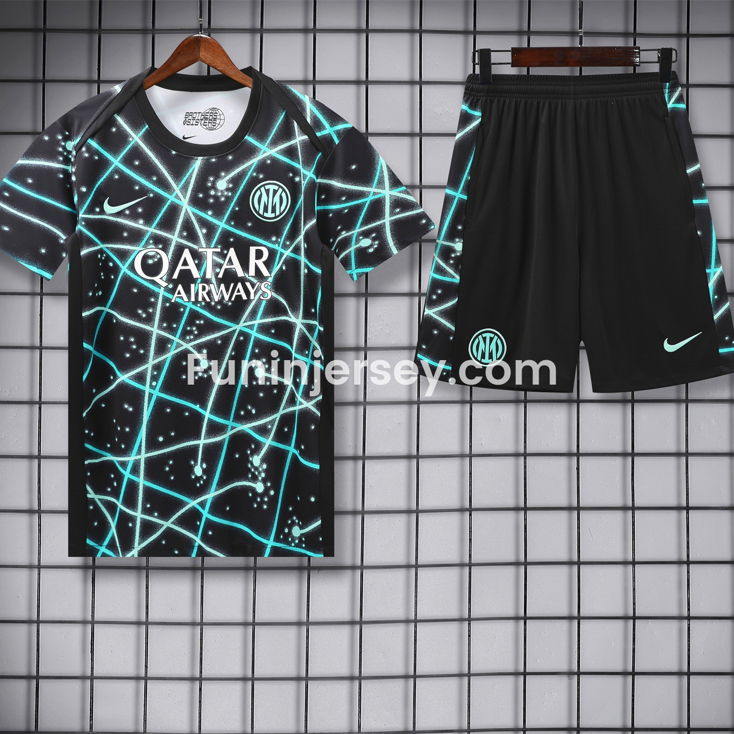 Funinjersey-Inter Milan 25-26 Short-Sleeve Training Set - Blue Fluorescent Rays Black Top & Black Shorts