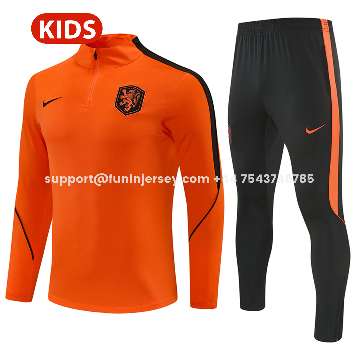 Funinjersey-Netherlands 2026 Kids Long Sleeves Training Set - Orange With Black Accents Top & Blue Pants