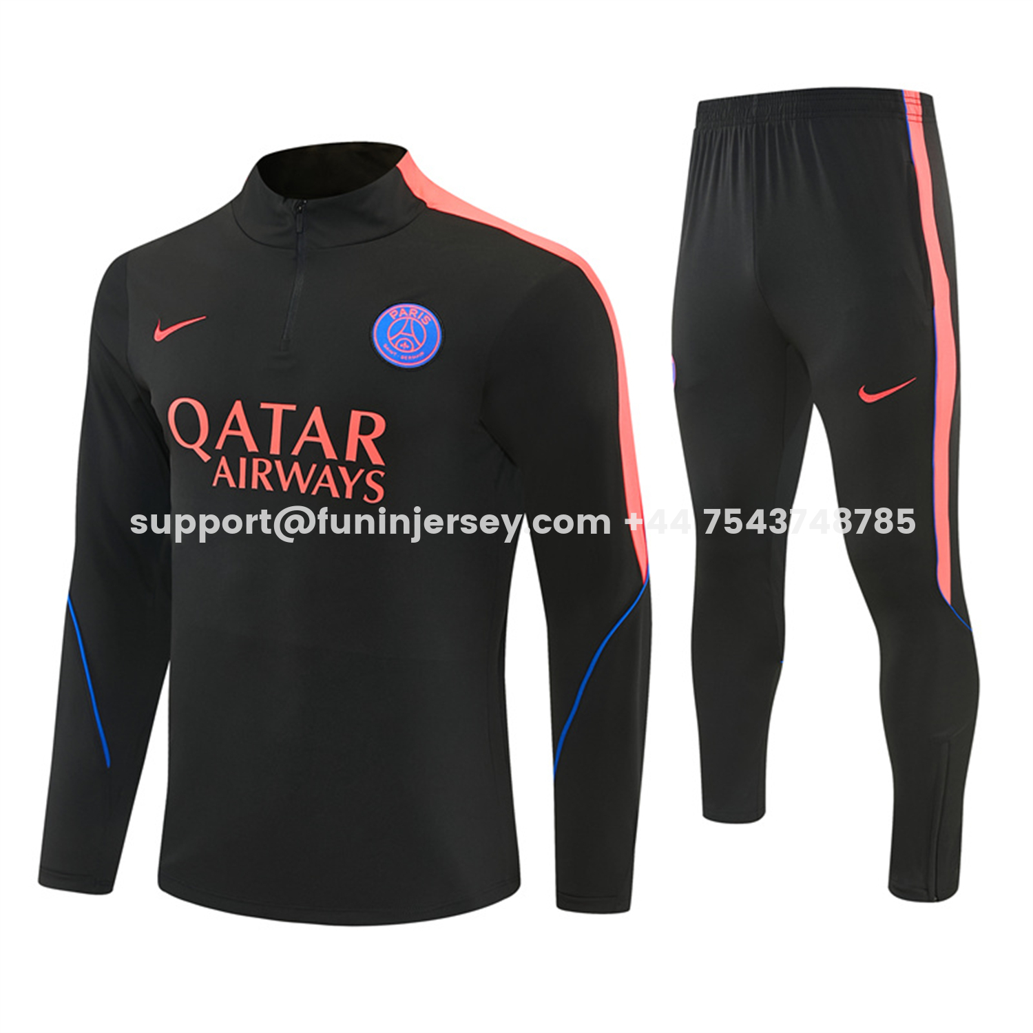 Funinjersey-Paris Saint-Germain 26-27 Long Sleeves Training Set - Black With Pink Top & Pants