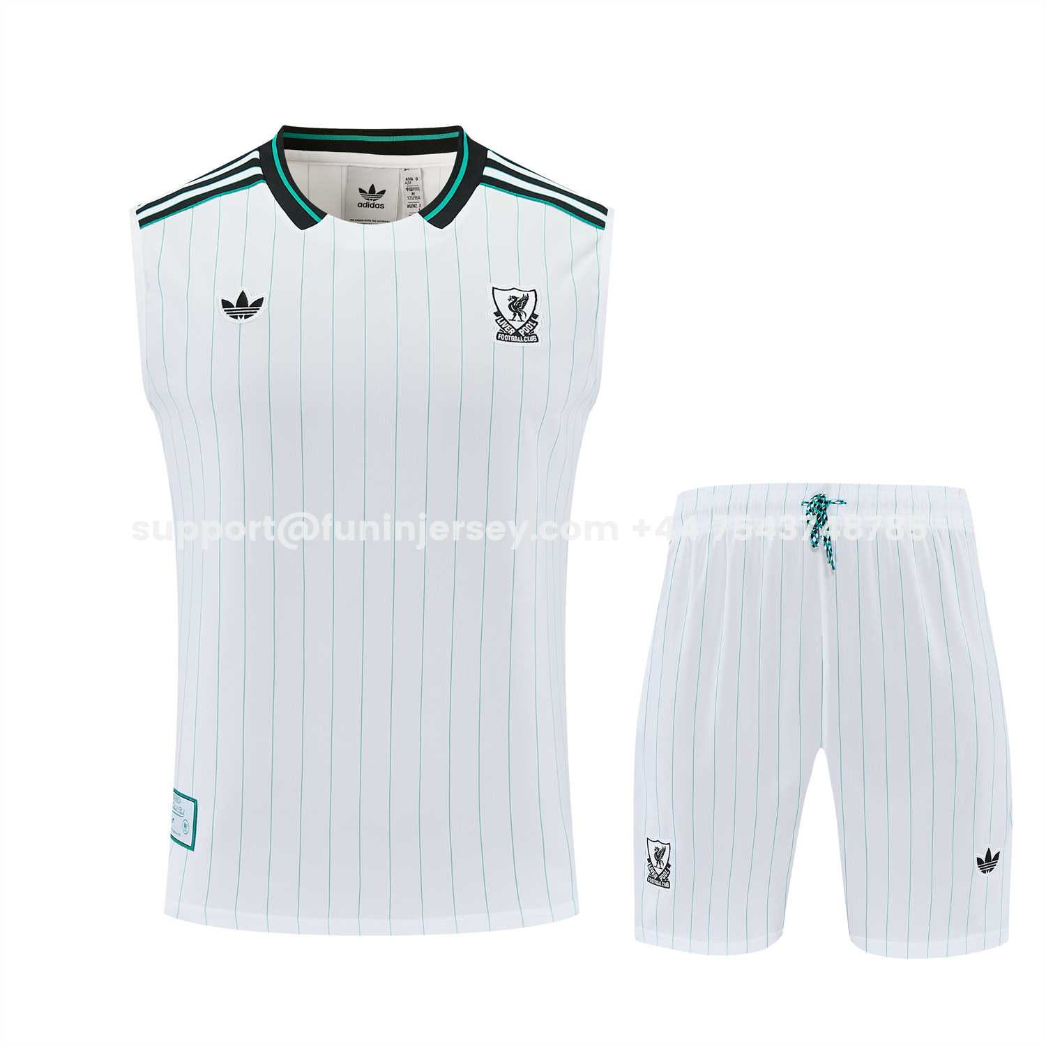 Funinjersey-Liver.pool 25-26 Retro Style Vest Training Set - White With Green Stripes Top & Pants