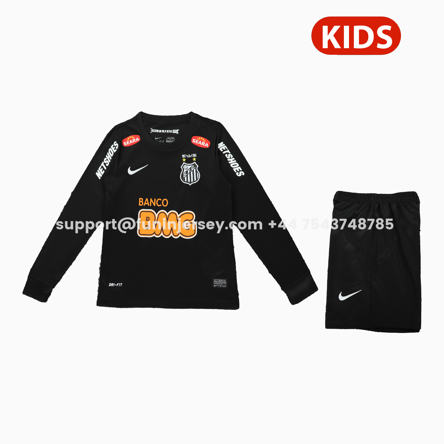 Funinjersey-Retro Santos 2012 Black Special Long Sleeves Kids Kit