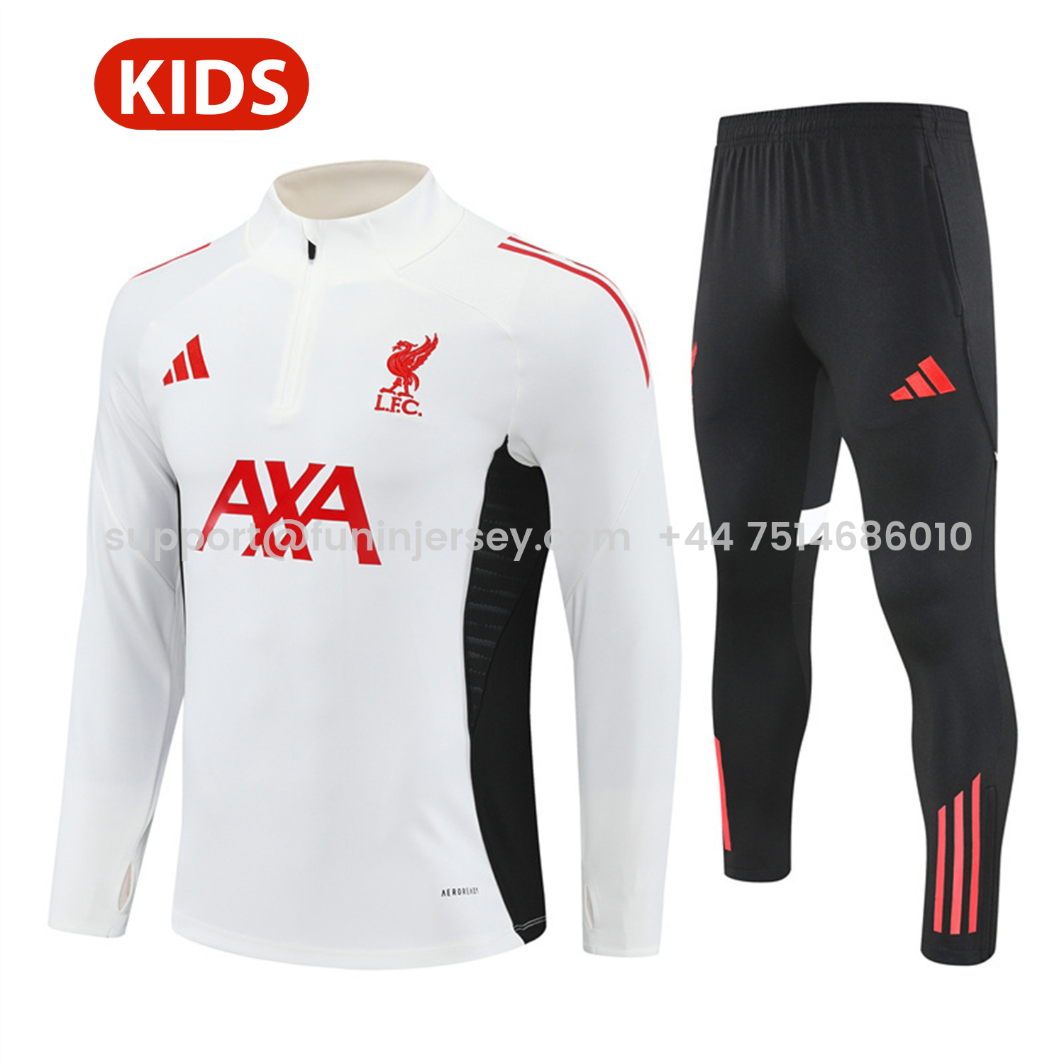 Funinjersey-Liver.pool 25-26 Kids Long Sleeve Training Set - White Top & Black Pants
