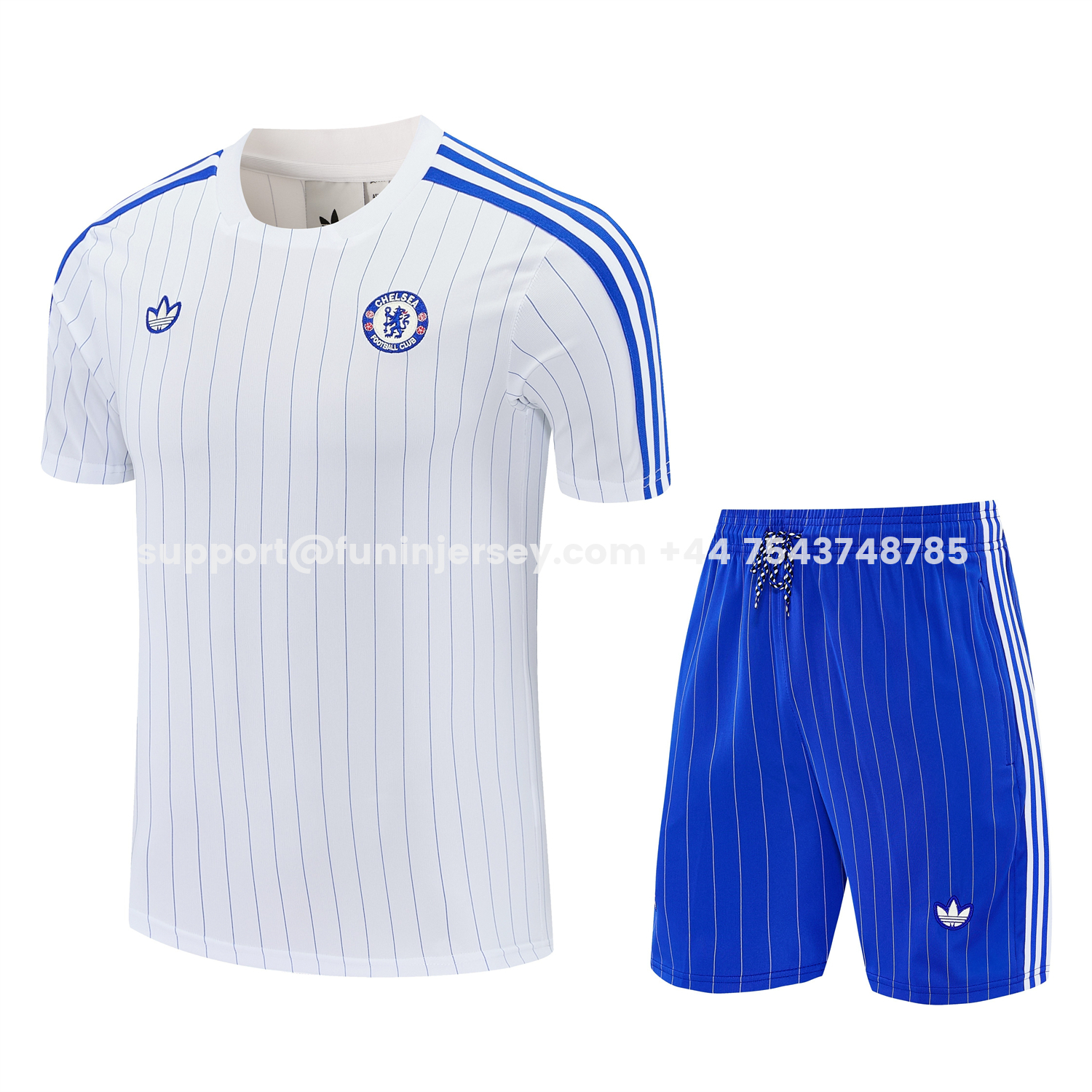 Funinjersey-C.H.E.L.S.E.A 25-26 Retro Style Short-Sleeve Training Set - White Top & Blue Stripes Pants