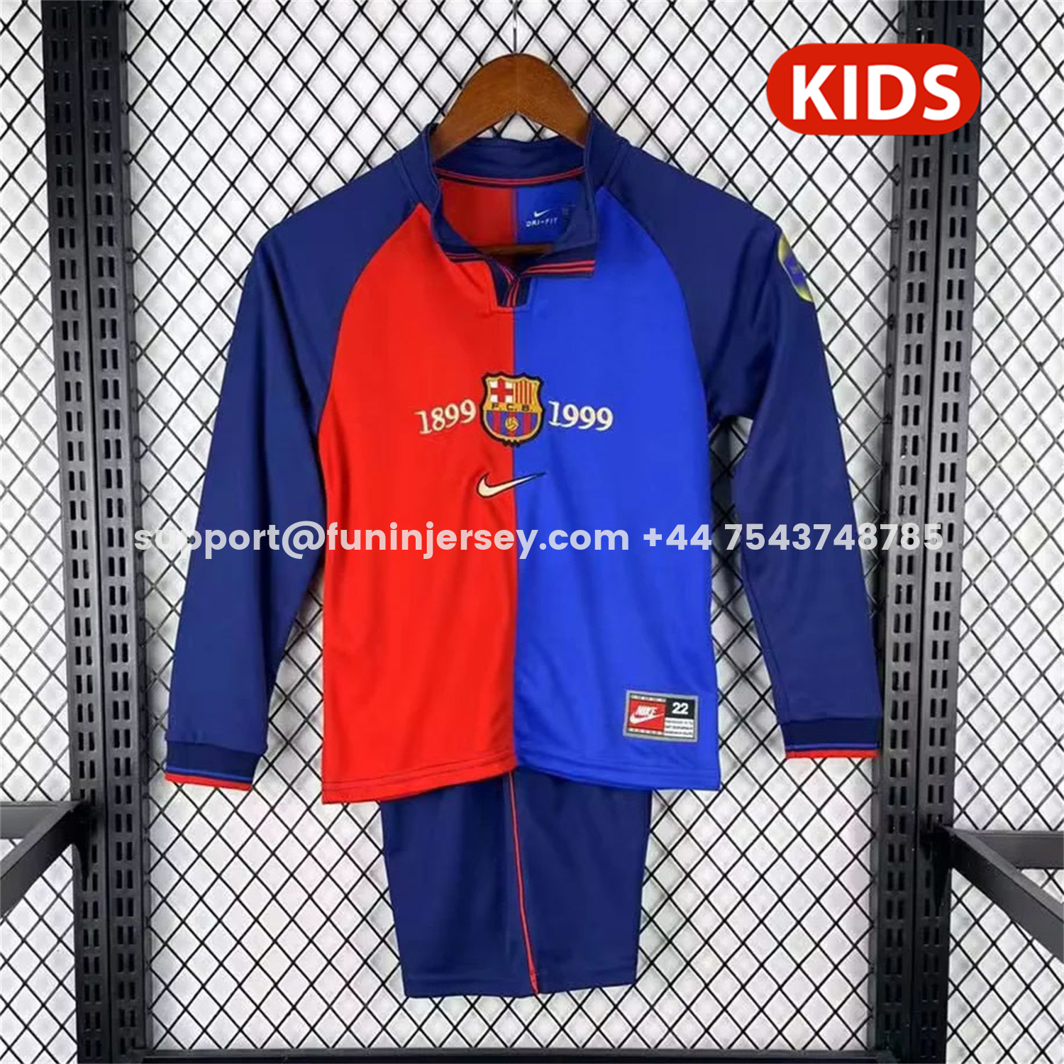 Funinjersey-Retro Barcelona 99-00 Home 100th anniversary Long Sleeves Kids Kit
