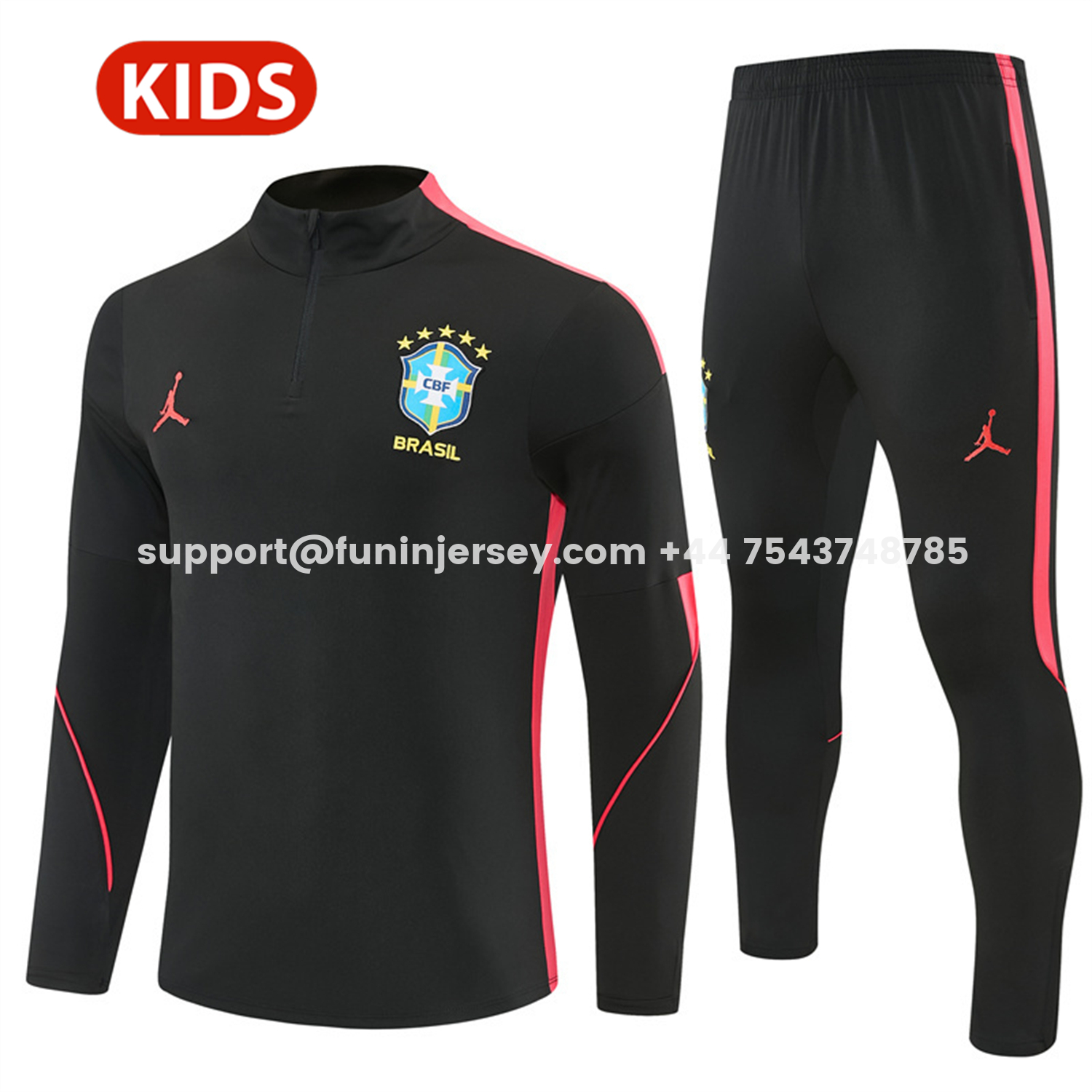 Funinjersey-Brazil X JD 2026 Kids Long Sleeves Training Set - Black Top And Black Orange Pants