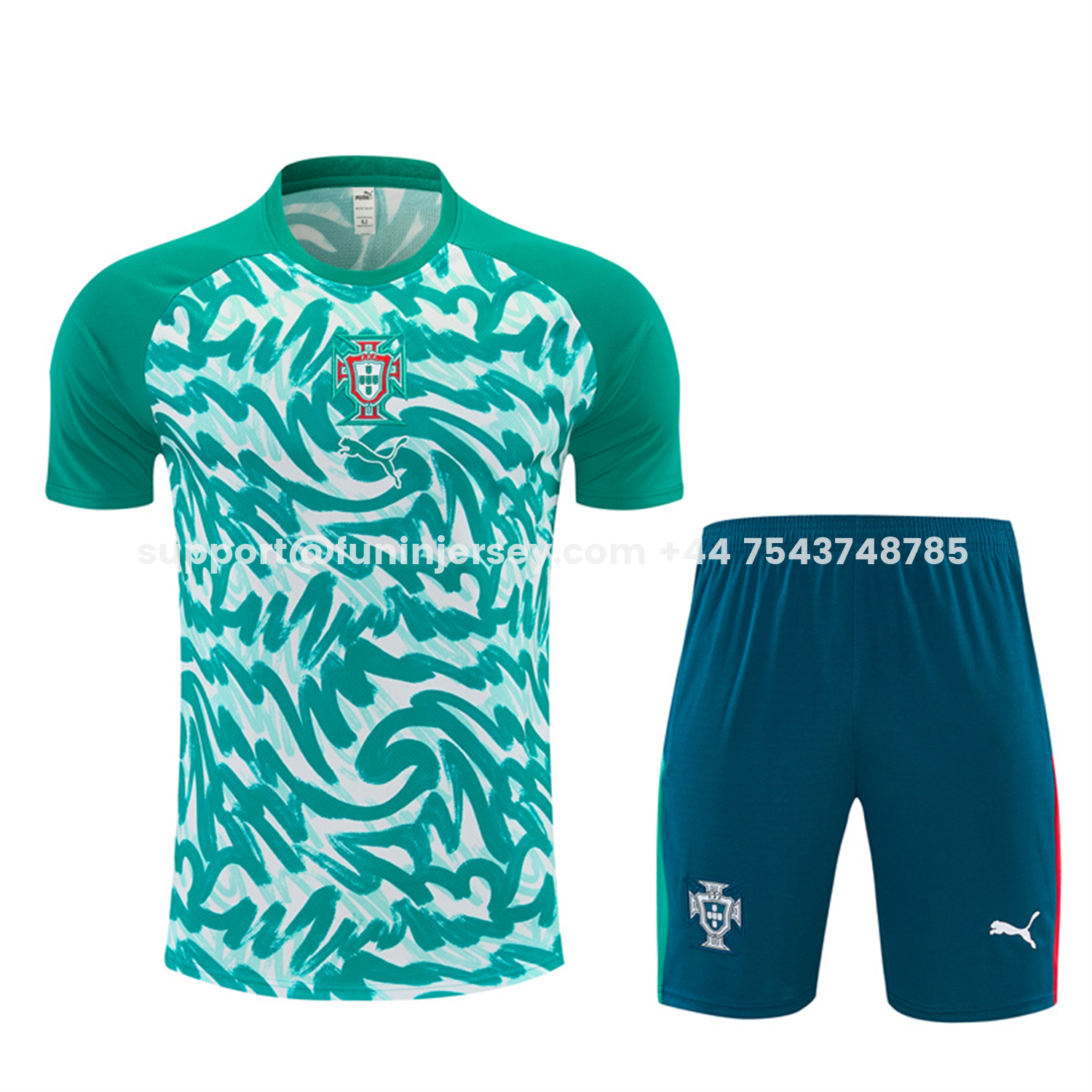 Funinjersey-Portugal 2026 Short-Sleeve Training Set - Colors Top & Dark Teal Blue With A Red Stripe On The Side Pants
