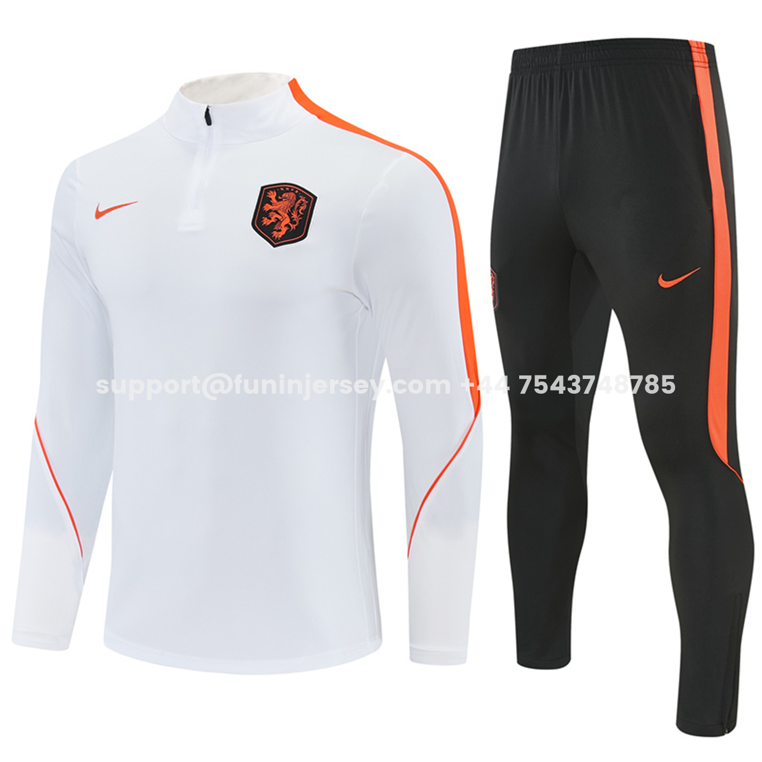 Funinjersey-Netherlands 2026 Long Sleeves Training Set - White With Orange Accents Top & Black Pants