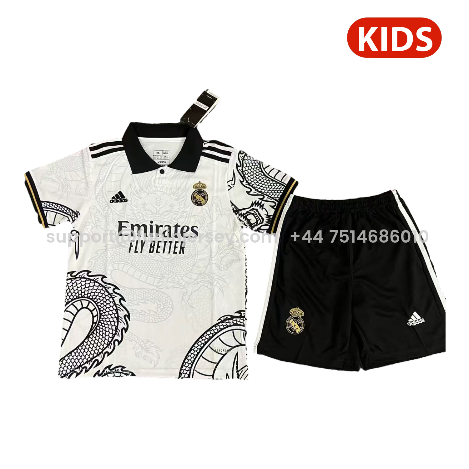 Funinjersey-Real Madrid 25-26 Black Dragon Body White Special Polo Kids Kit