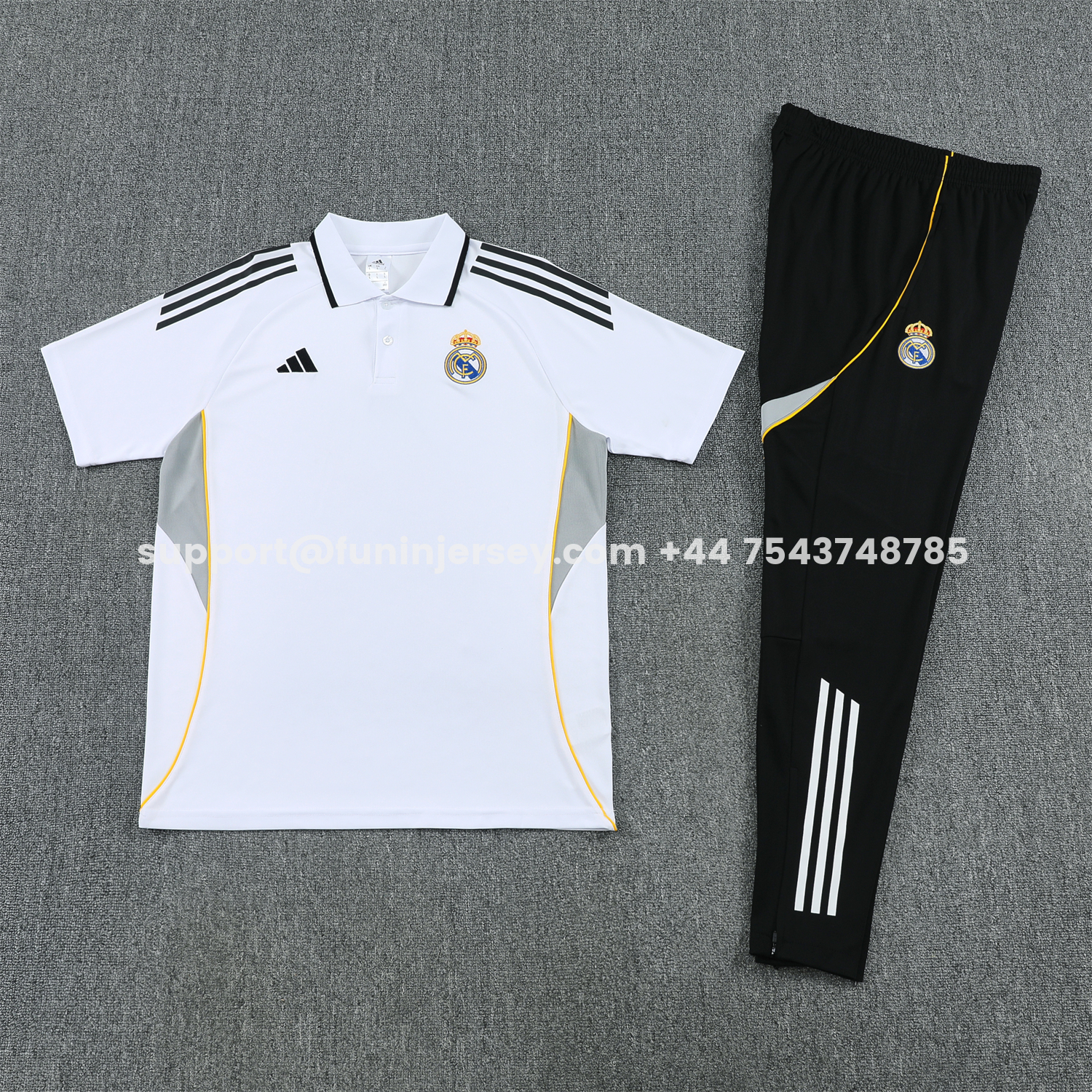 Funinjersey-Real Madrid 25-26 POLO Short-Sleeve Training Set - White Top and Black Pants