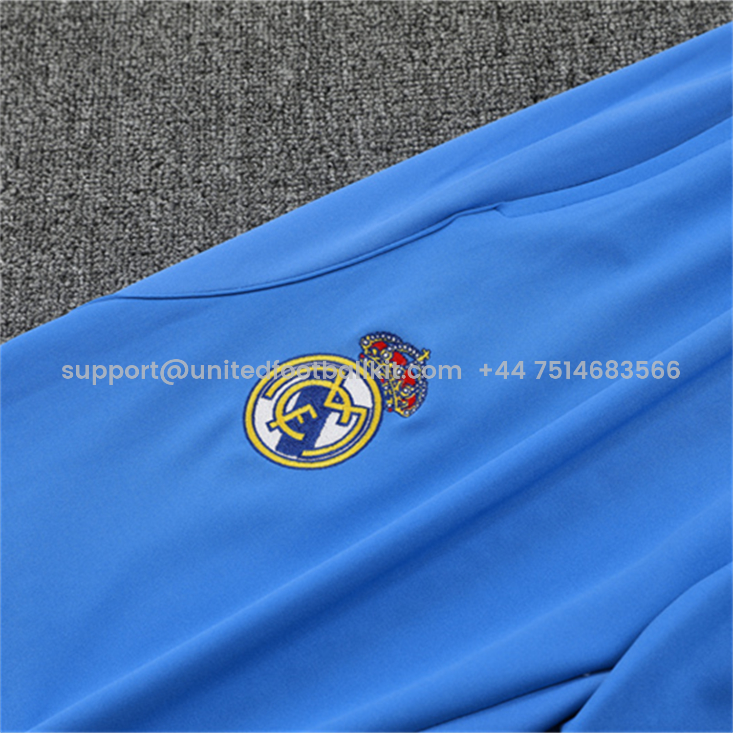 Unitedfootballkit.com | Real Madrid 25-26 Long Sleeve Training Set - White Top & Blue Pants -Customize Name, Number and Patch | Worldwide Shipping